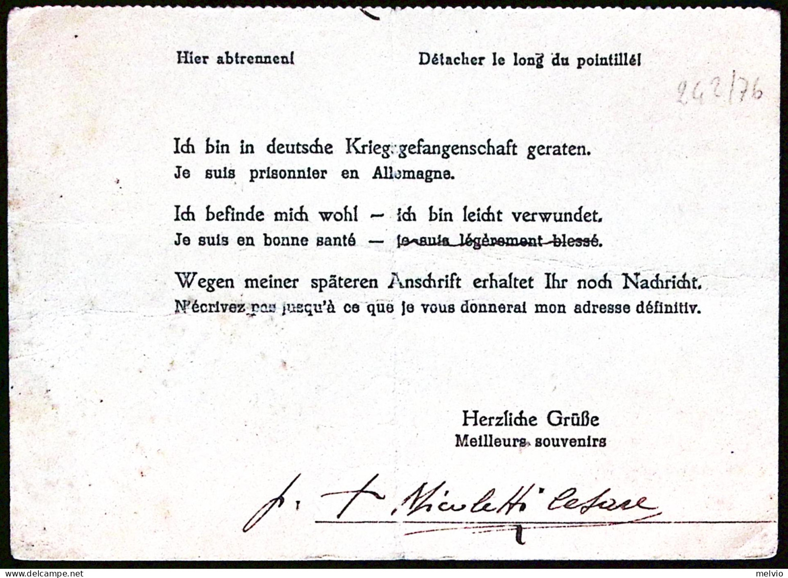 1945-STALAG CAMP 326 Su Comunicazione Avvenuta Cattura Da Prigioniero Guerra Ita - Guerra 1939-45