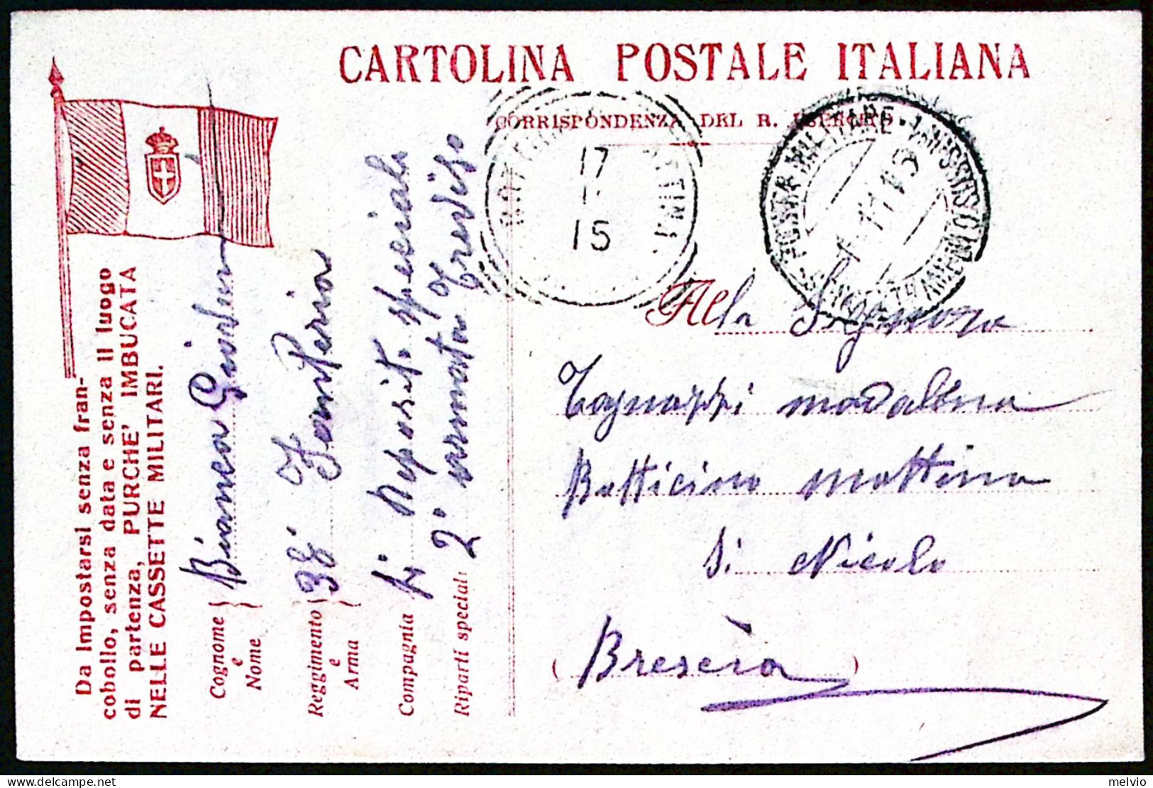 1915-Italia Franchigia Militare Rosso Su Bianco, Intestazione Con Bandiera A Sin - Oorlog 1914-18