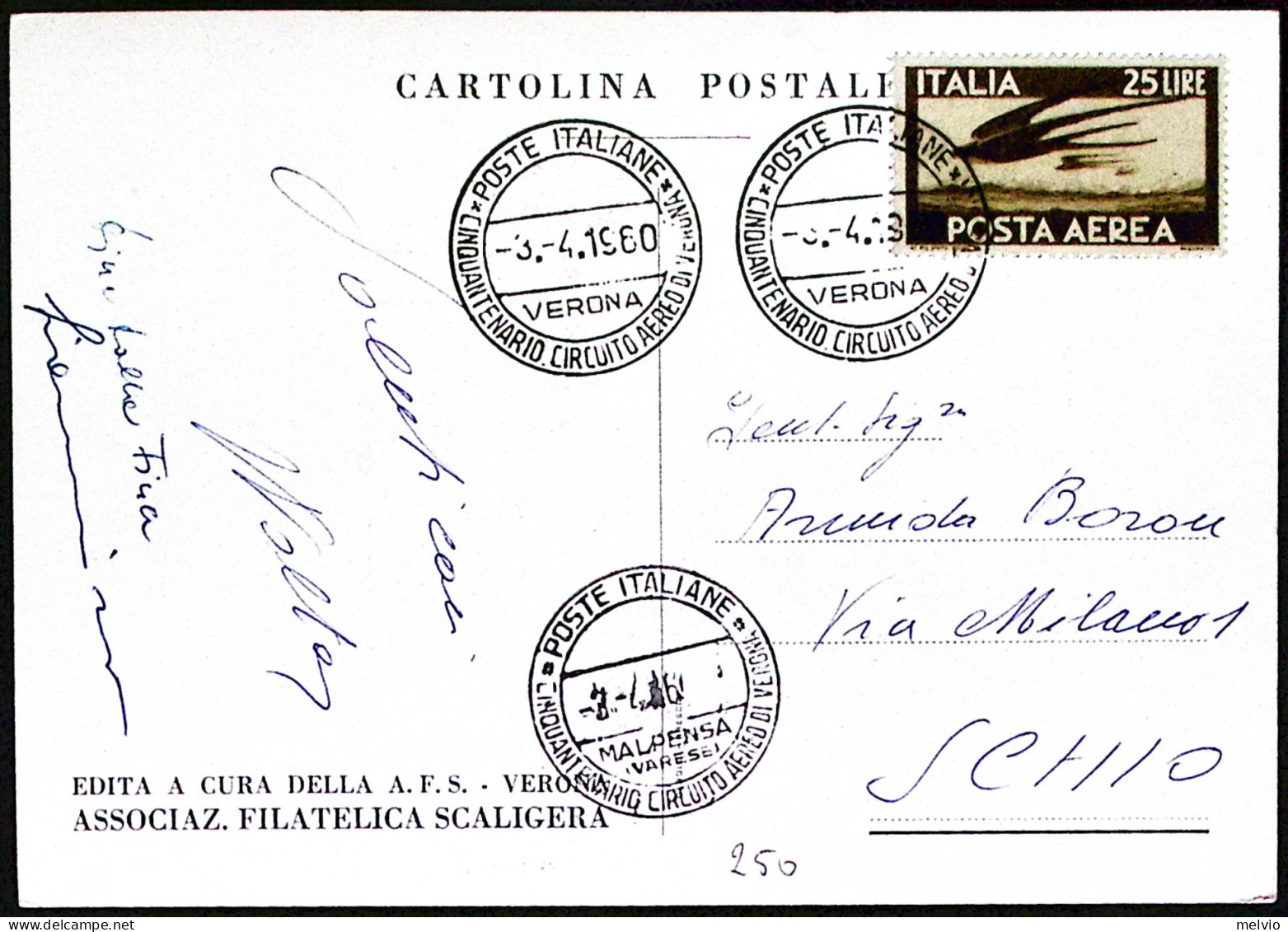 1960-VERONA 50 CIRCUITO AEREO Annullo Speciale (3.4) Su Cartolina - Manifestations