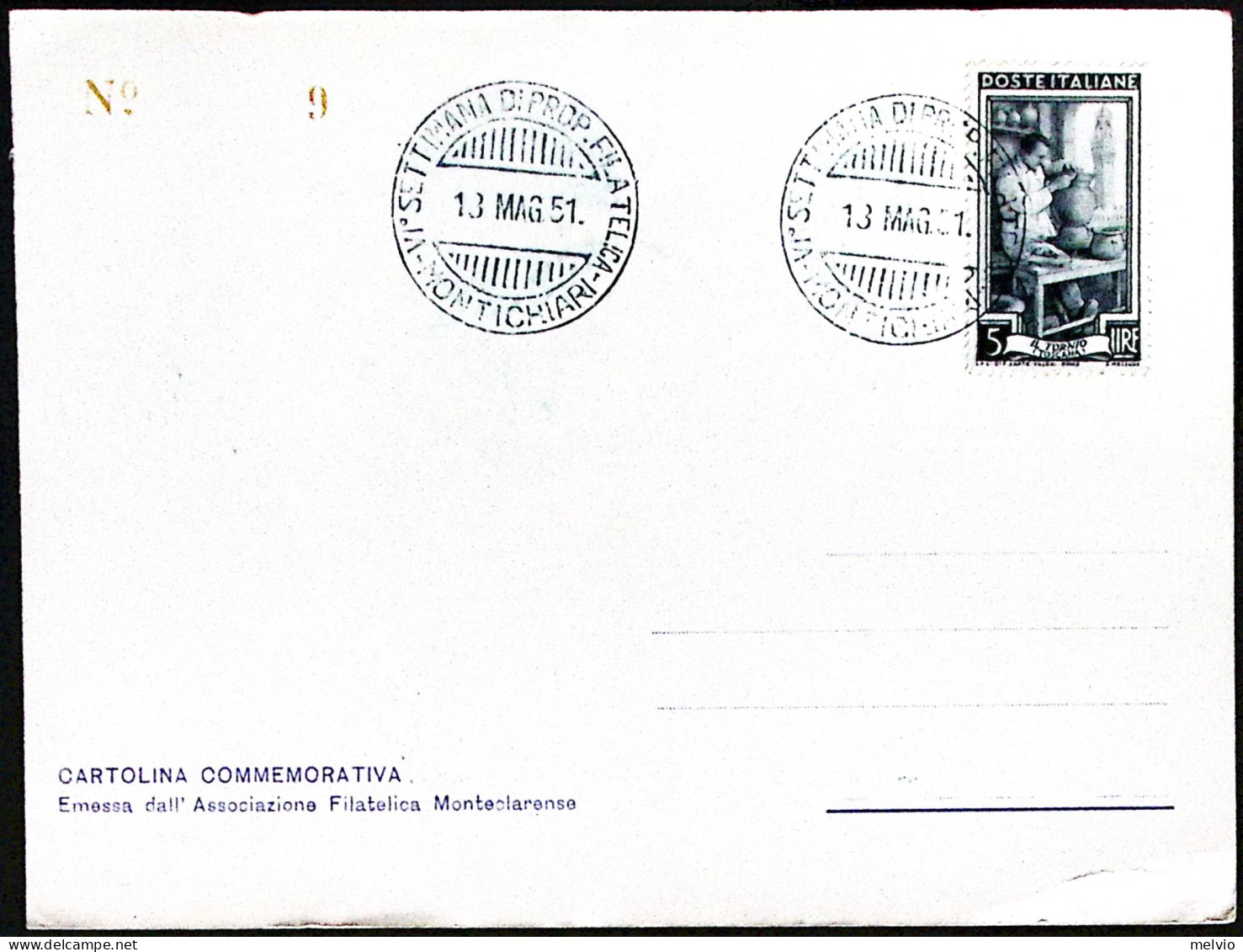 1951-MONTICHIARI VI SETTIMANA FILATELICA Annullo Speciale Verde (13 5) Su Cartol - Manifestazioni