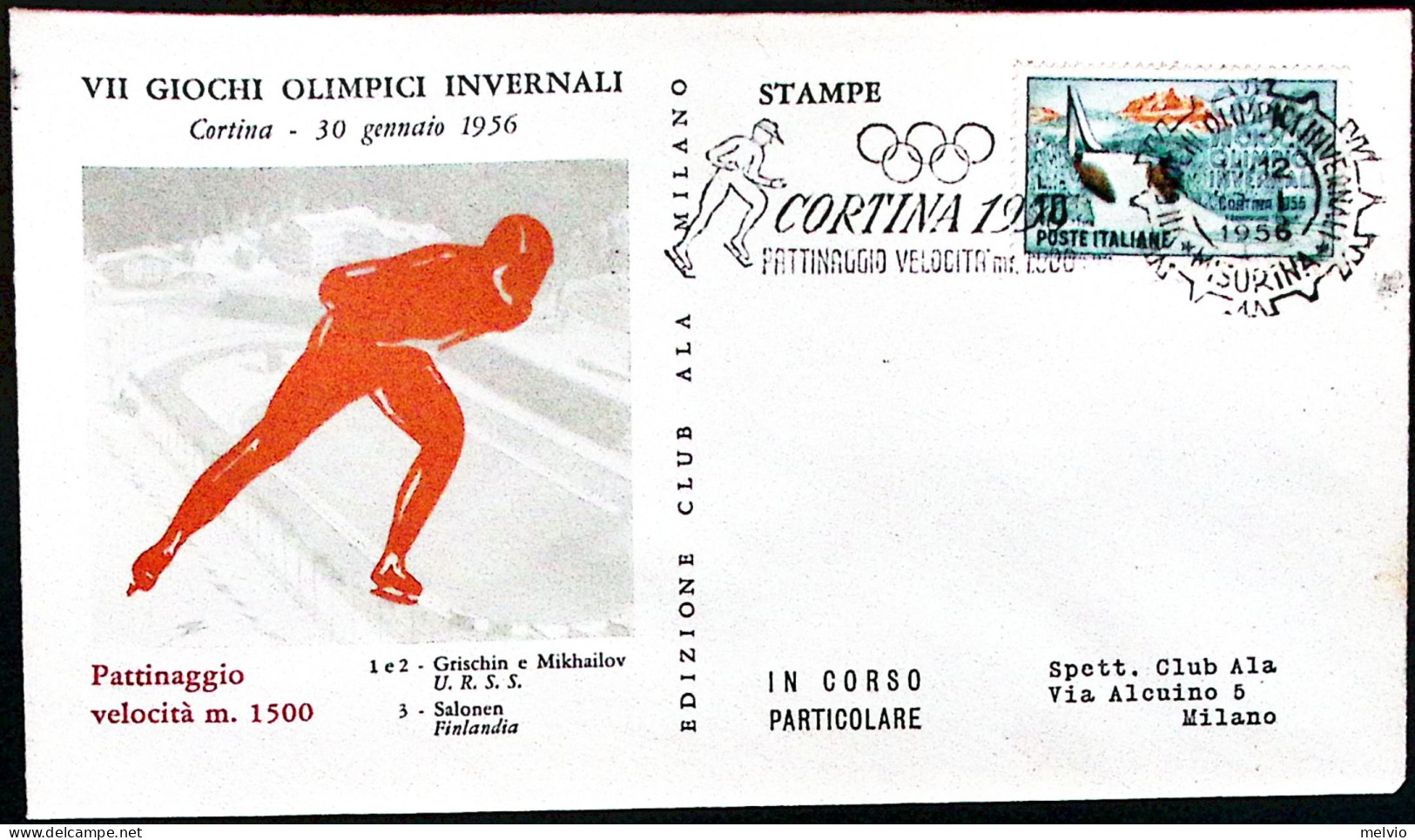 1956-MISURINA PATTINAGGIO VELOCITA' Mt.1500 Annullo Targhetta Su Busta Non Viagg - Betogingen