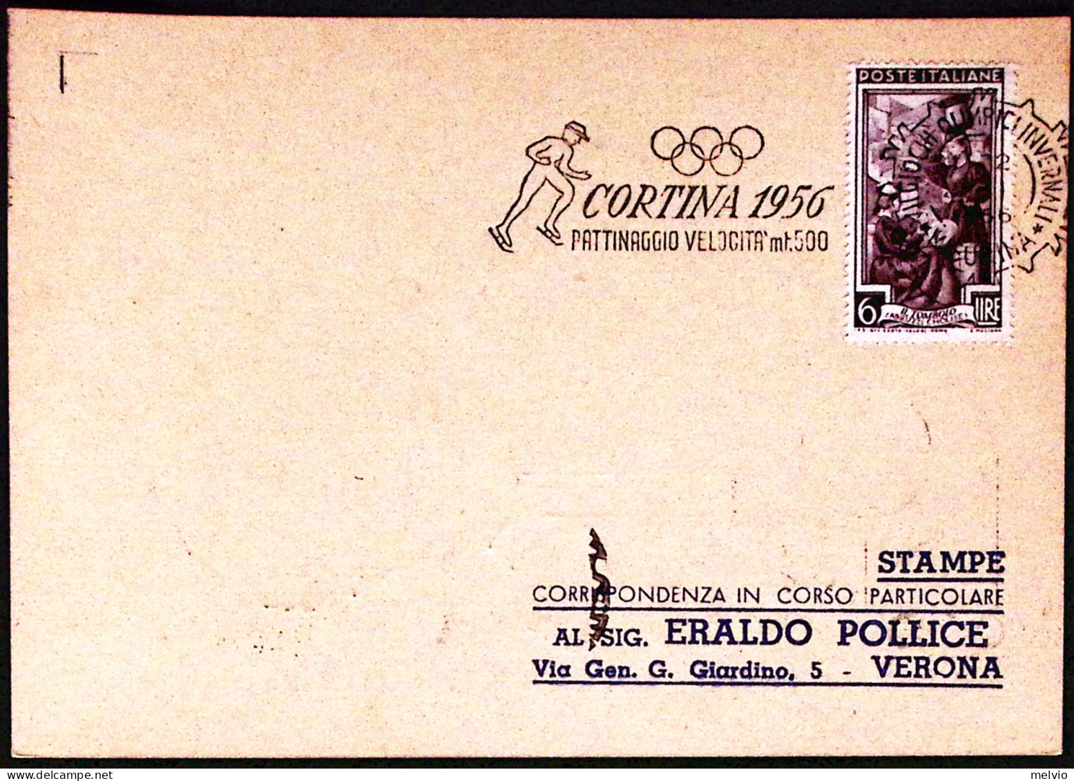 1956-MISURINA PATTINAGGIO VELOCITA' Mt 500 Annullo Targhetta (28.1) Su Cartolina - Manifestazioni