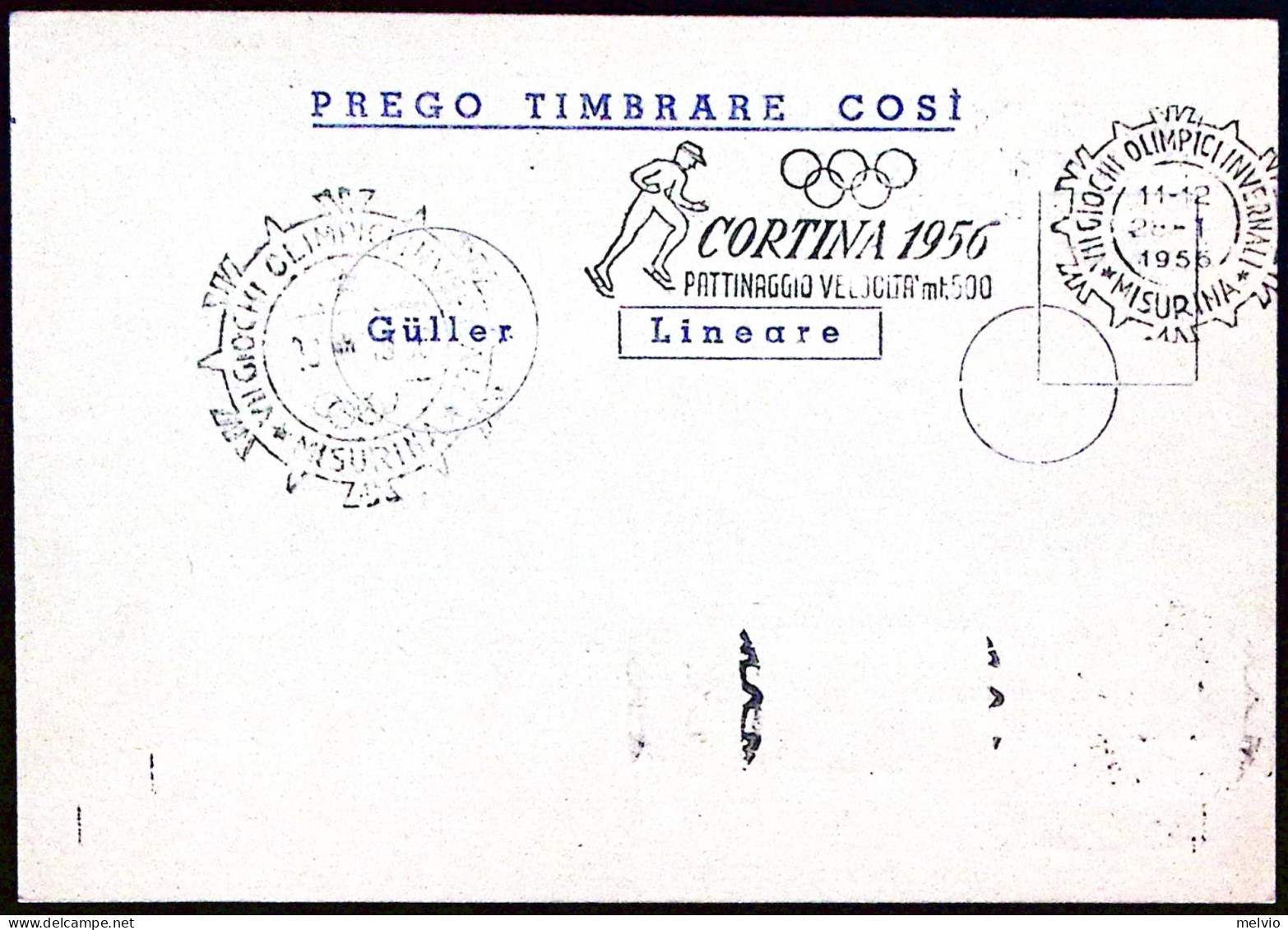 1956-MISURINA PATTINAGGIO VELOCITA' Mt 500 Annullo Targhetta (28.1) Su Cartolina - Manifestazioni