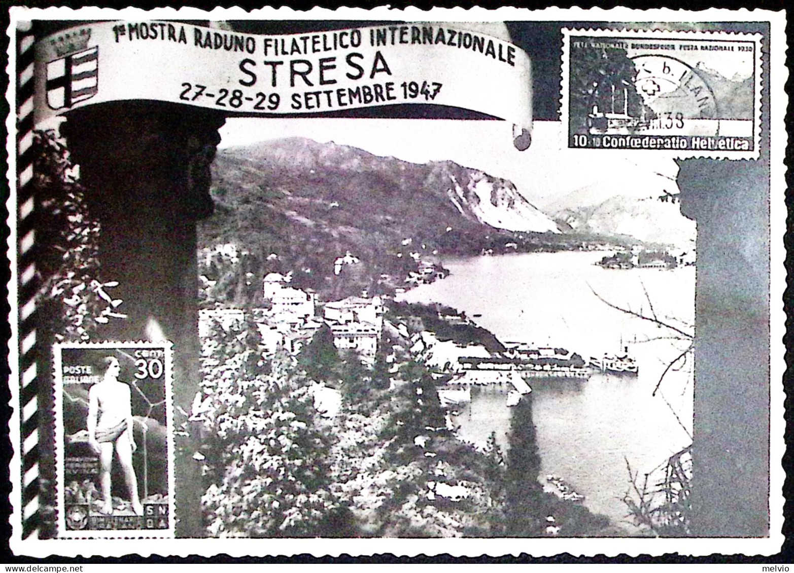 1947-STRESA MOSTRA FILATELICA Annullo Speciale (30.9) Su Cartolina, Non Viaggiat - Expositions