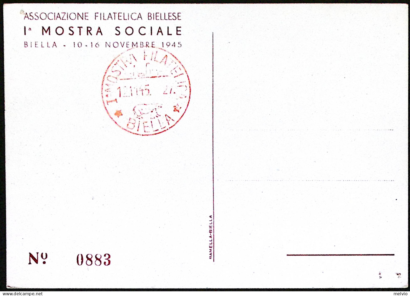 1945-BIELLA 1 MOSTRA FILATELICA Annullo Speciale Rosso (12.11) Su Cartolina Nume - Esposizioni