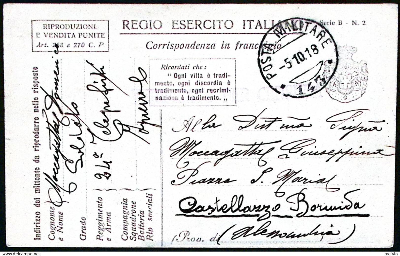 1918-GLI OPPRESSI DI TUTTO . Cartolina Franchigia CARTONCINO BIANCO Posta Milita - Guerre 1914-18
