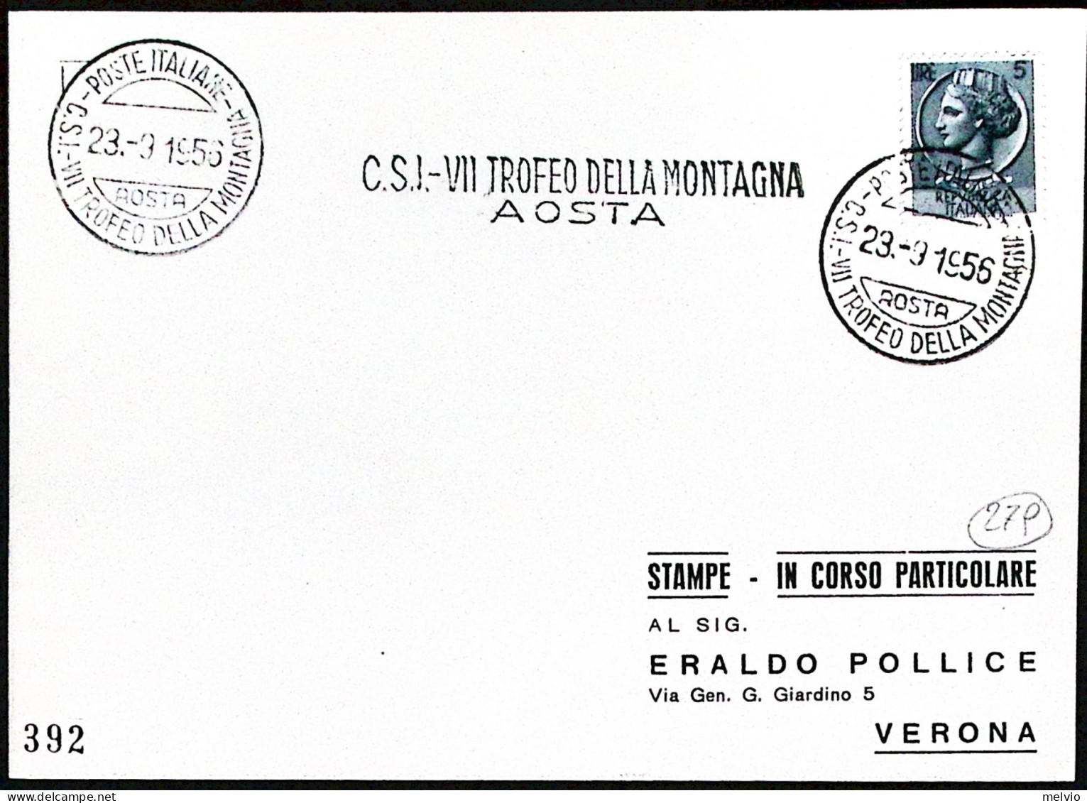 1956-AOSTA TROFEO DELLA MONTAGNA Annullo Speciale E Lineare (23.9) Su Cartolina - Betogingen
