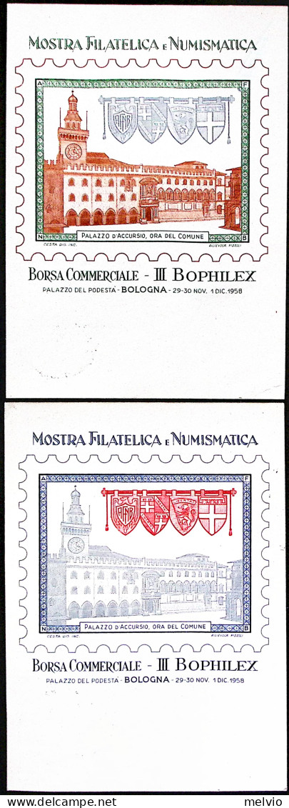 1958-BOLOGNA Due Annulli Speciali MOSTRA BORSA COMMERCIALE E CIRCOLI STUDENTESCH - Exhibitions