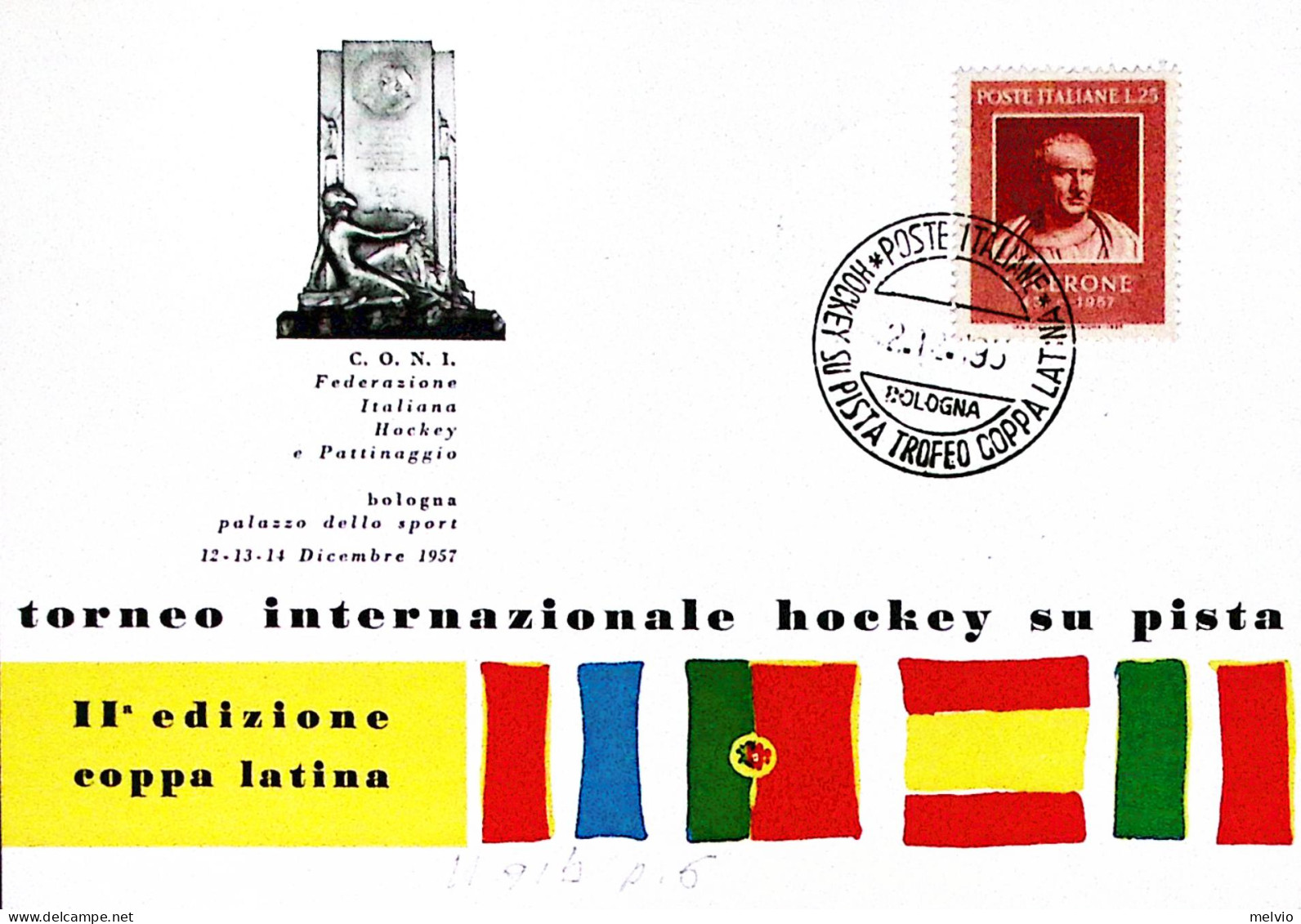 1957-BOLOGNA HOCKEY SU PISTA TROFEO LATINA Annullo Speciale (12.12) Su Cartolina - Manifestazioni