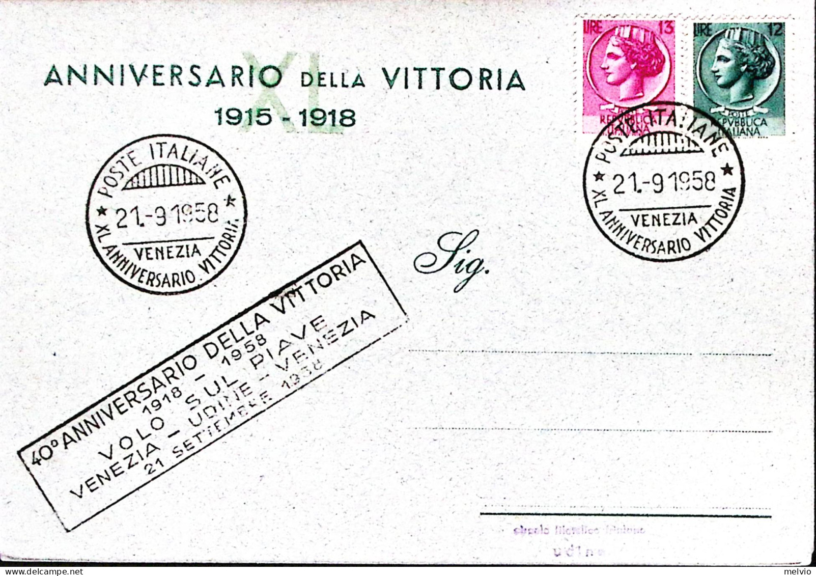 1958-Venezia VOLO SUL PIAVE Cartella E XL VITTORIA Annullo Speciale (21.9) Su Ca - Betogingen