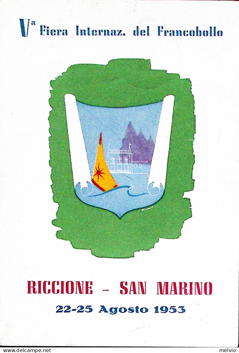 1953-RICCIONE V FIERA FRANCOBOLLO Annullo Speciale (22.6) Su Cartolina Non Viagg - Betogingen