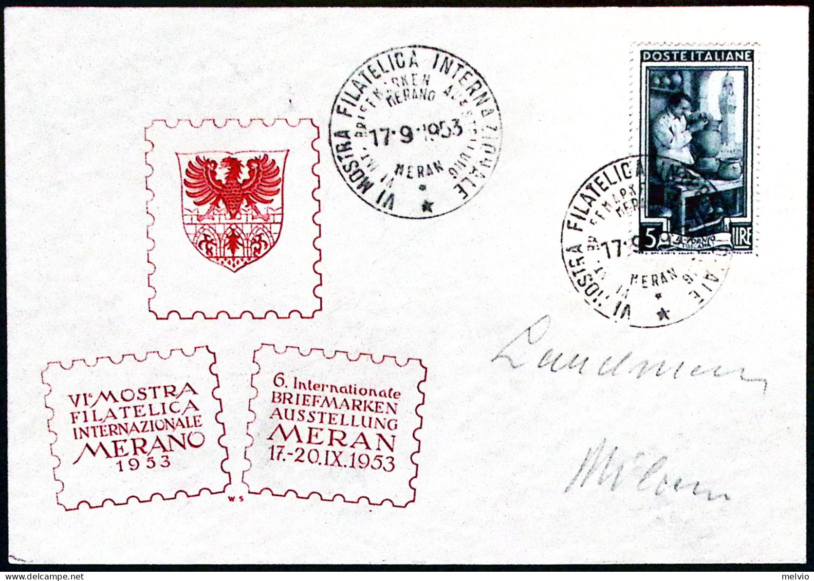 1953-MERANO MOSTRA FILATELICA Annullo Speciale (17.9) Su Cartolina - Esposizioni