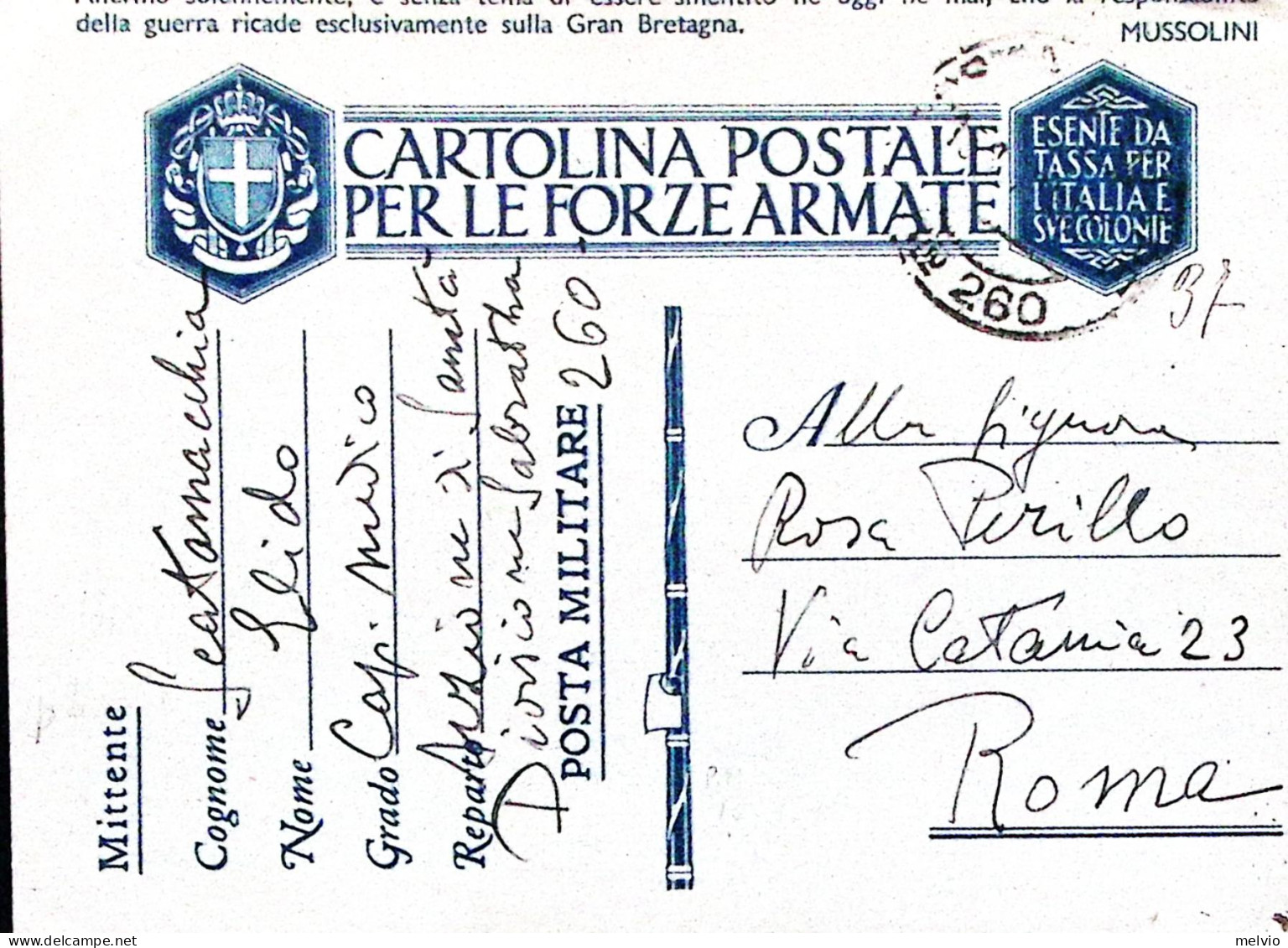1942-Posta Militare/n. 260 C.2 (10.11) Su Cartolina Franchigia Manoscritto Sezio - Guerra 1939-45