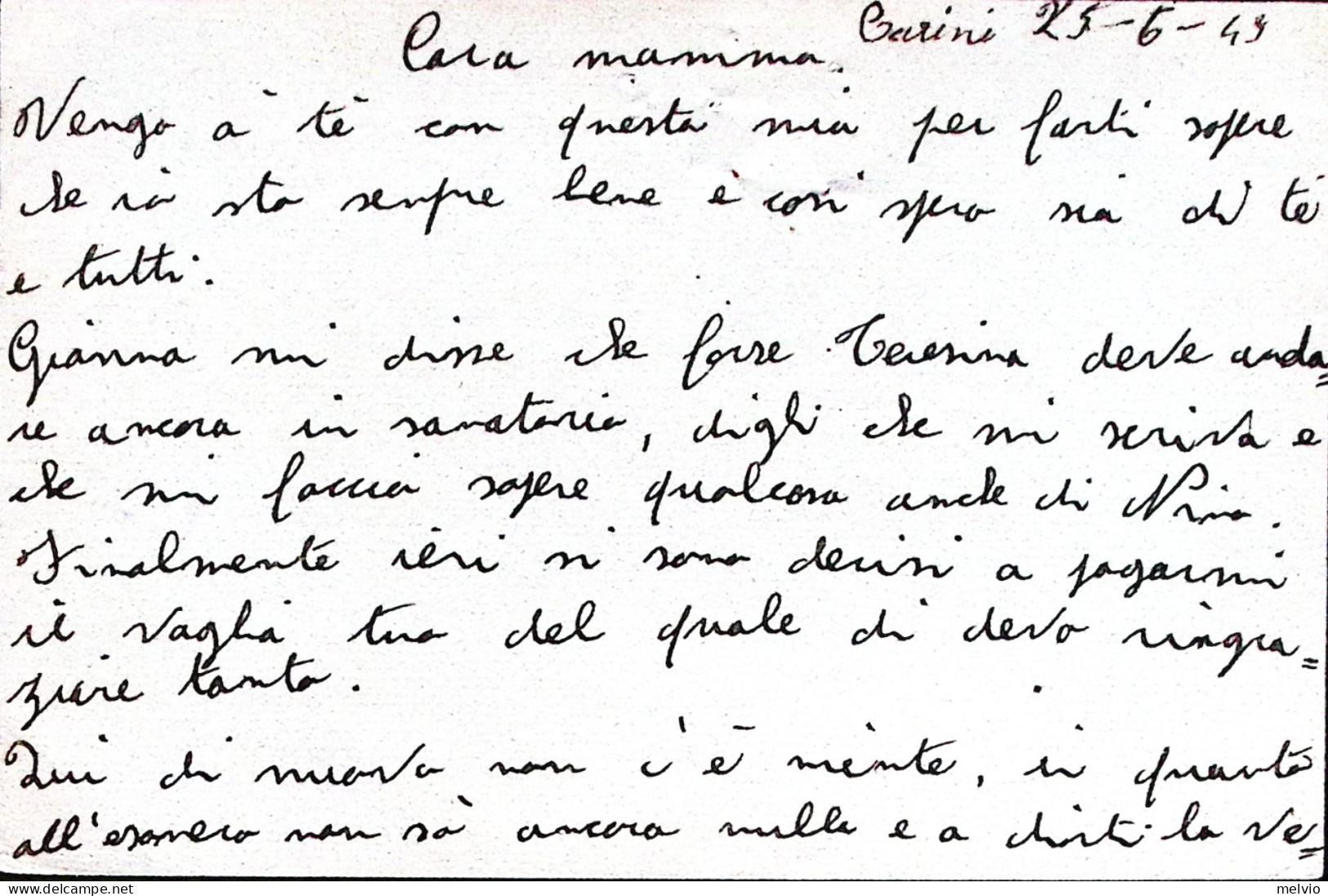 1943-DISTACCAMENTO CARINI Manoscritto Su Cartolina Franchigia Posta Militare N.3 - Guerra 1939-45