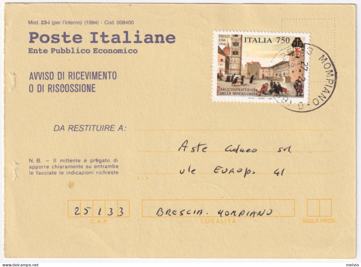 1995-ARCICONFRATERNITA Della MISERICORDIA (2116) Isolato Su Avviso Ricevimento - 1991-00: Storia Postale