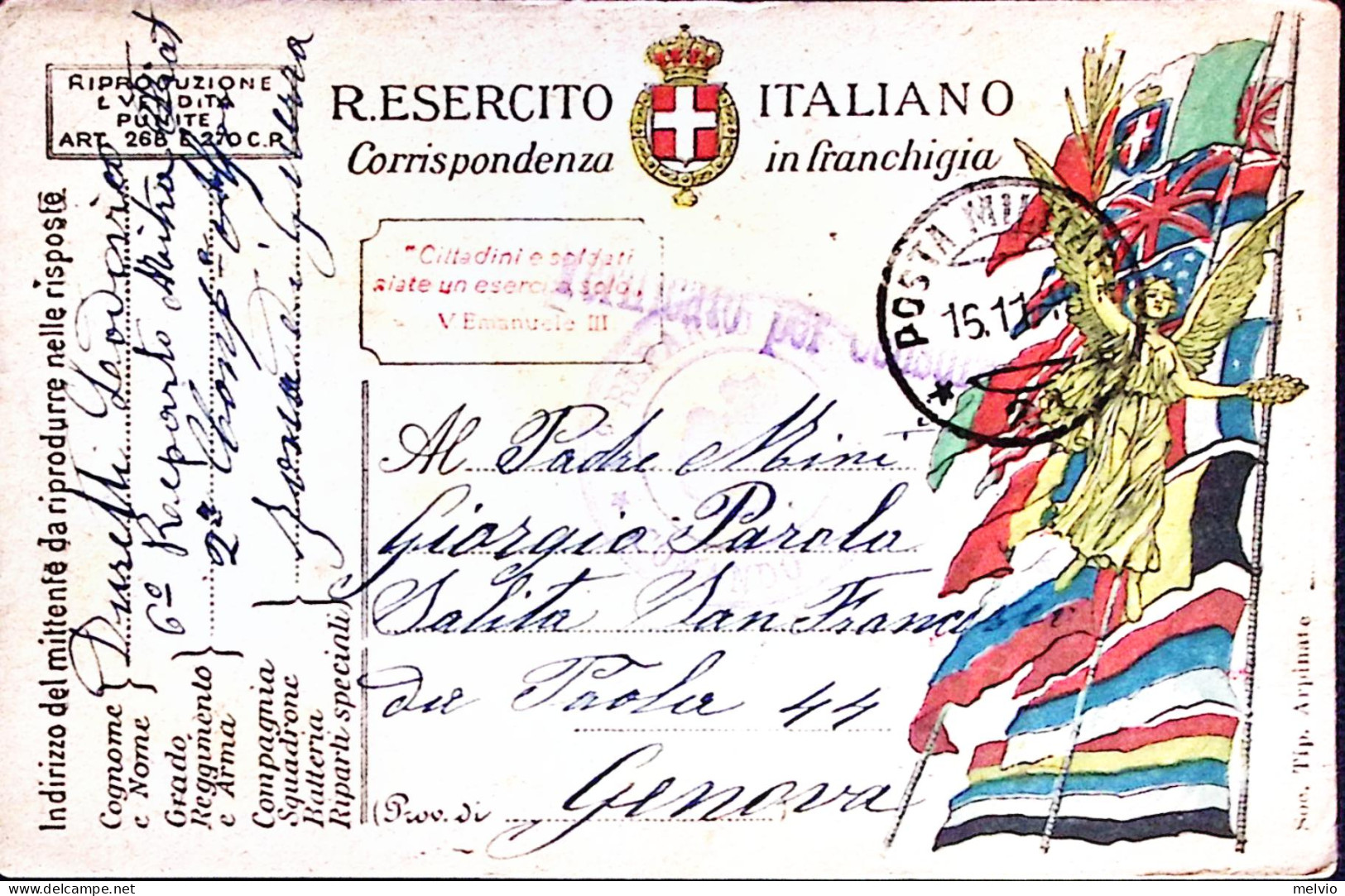 1918-Posta MILITAR/21 C.2 (15.11) Su Cartolina Franchigia - Guerre 1914-18