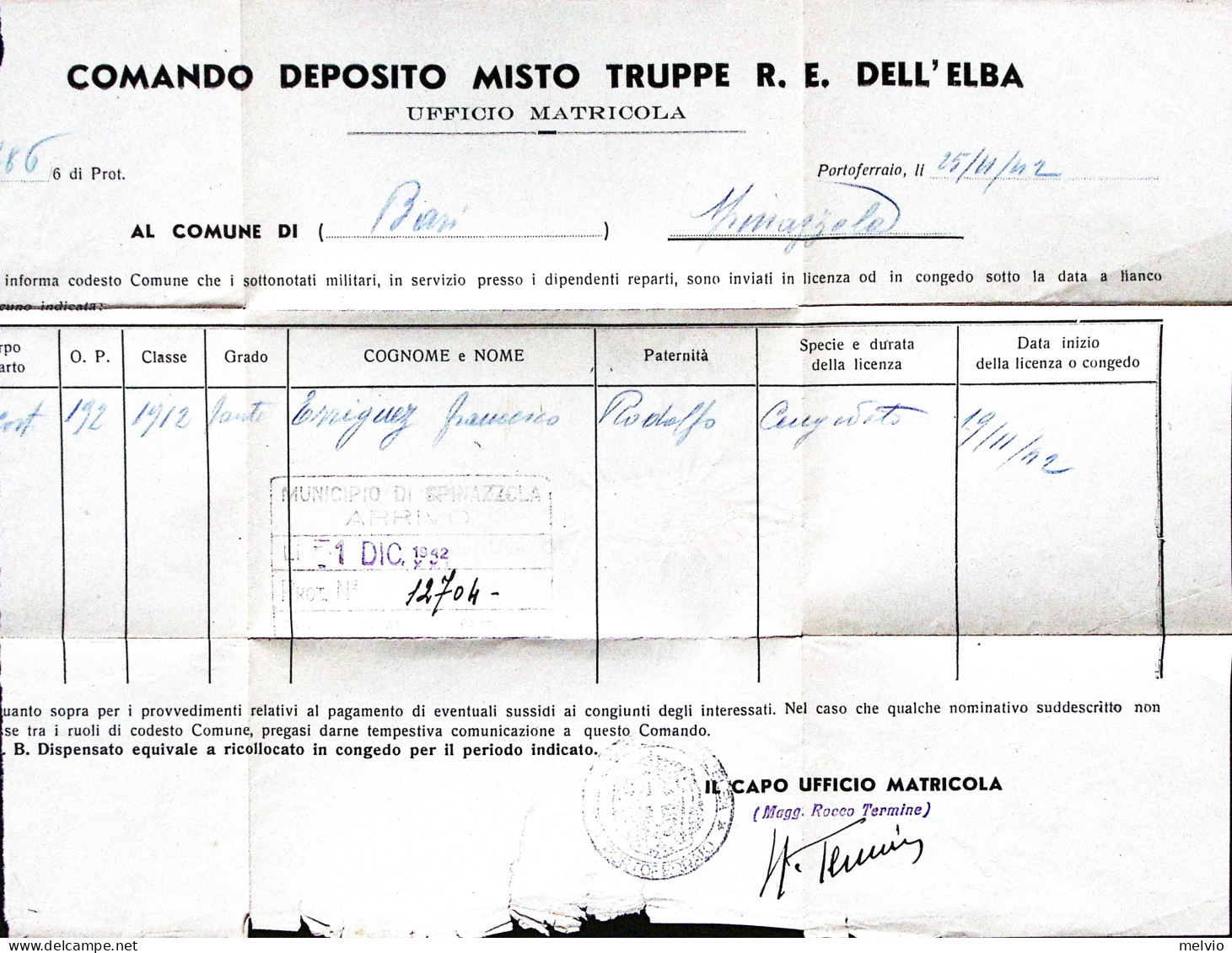 1941-DEPOSITO MISTO PORTOFERRAIO Lineare Su Piego Raccomandato, Posta Militare N - Guerre 1939-45