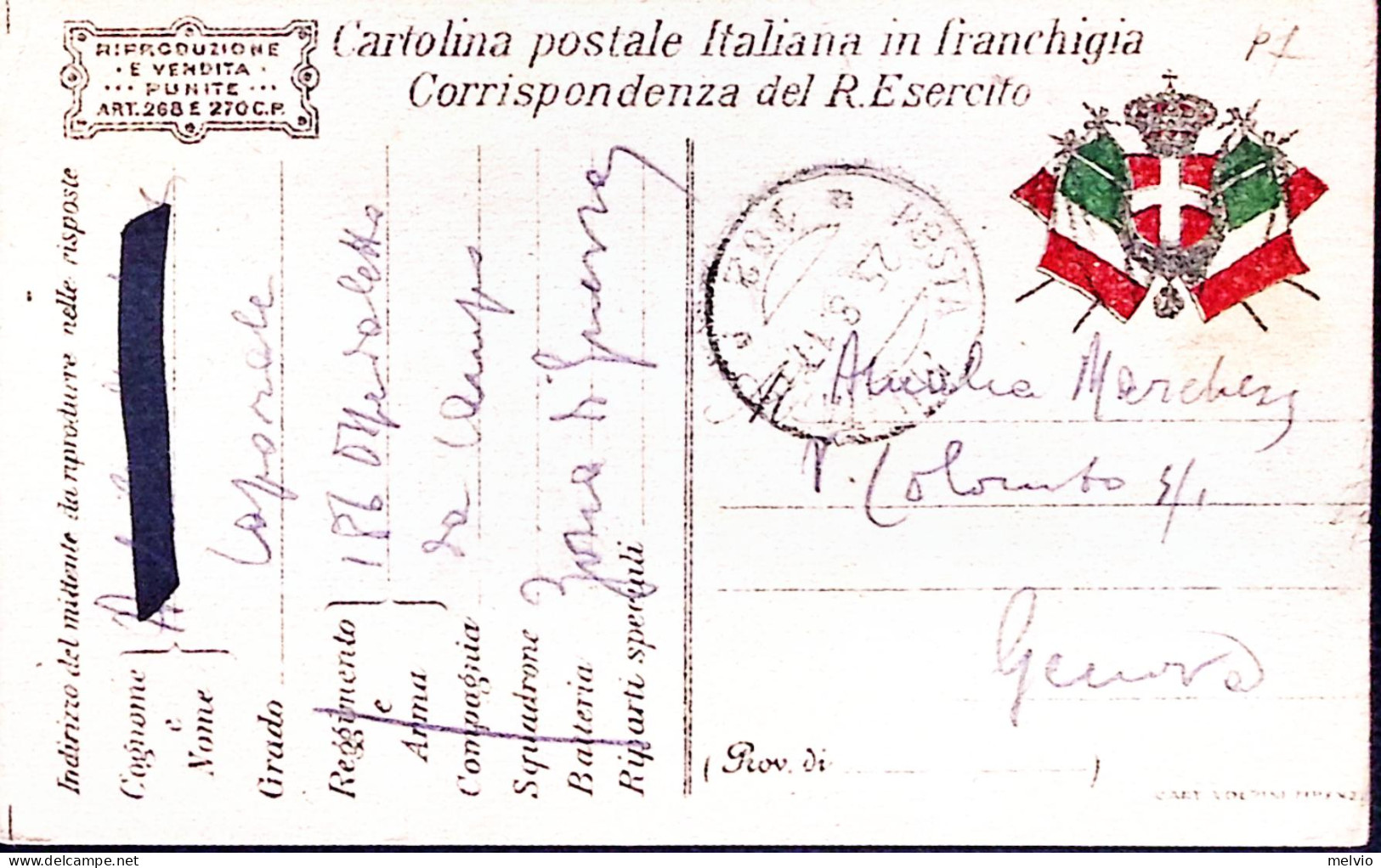 1917-Posta Militare/102 C.2 (25.8) Su Cartolina Franchigia - Weltkrieg 1914-18