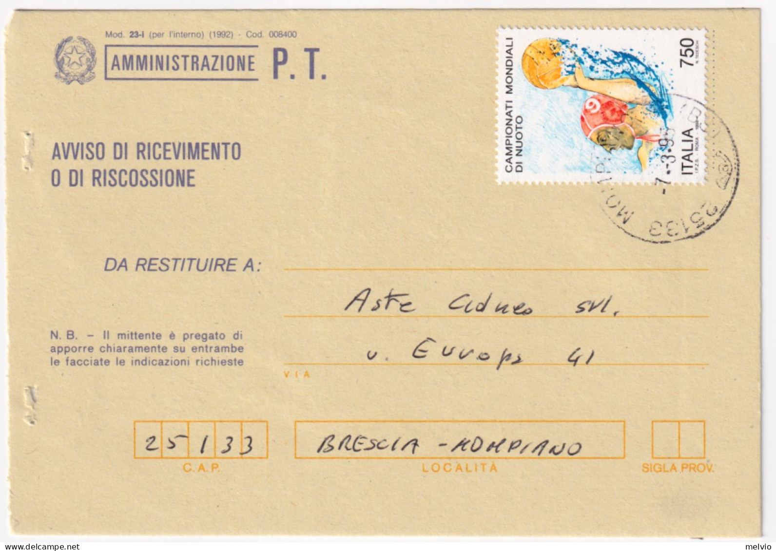 1995-CAMPIONATO NUOTO Lire 750 (2109) Isolato Su Avviso Ricevimento - 1991-00: Storia Postale