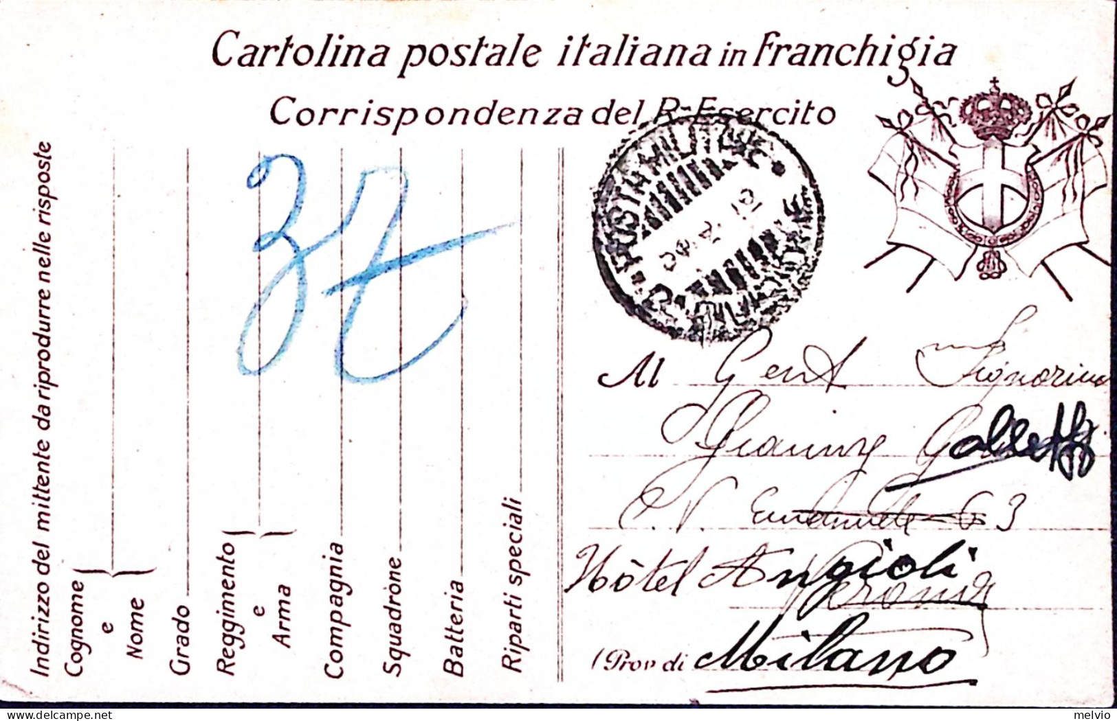 1916-Cartolina Franchigia STEMMA E BANDIERE, Monocroma (marrone), Viggiata - Guerra 1914-18