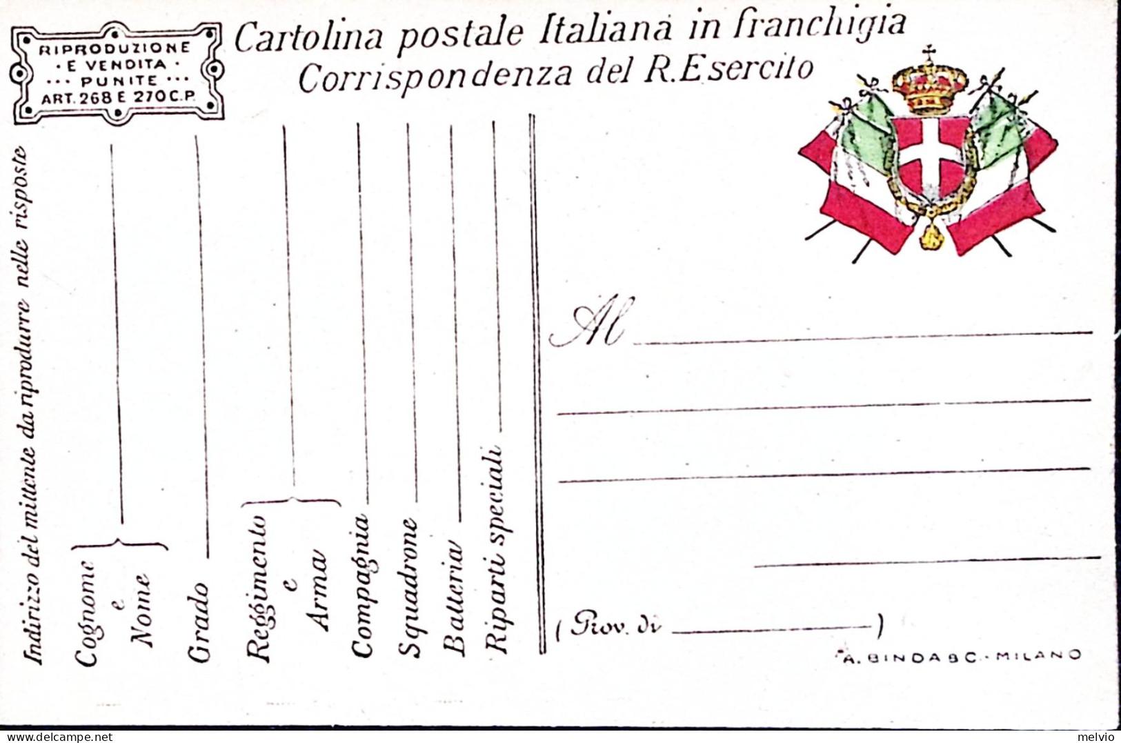 1915-Cartolina Franchigia Stemma E Bandiere, Tipografia A.BINDA EtC. MILANO, Nuo - Sonstige & Ohne Zuordnung