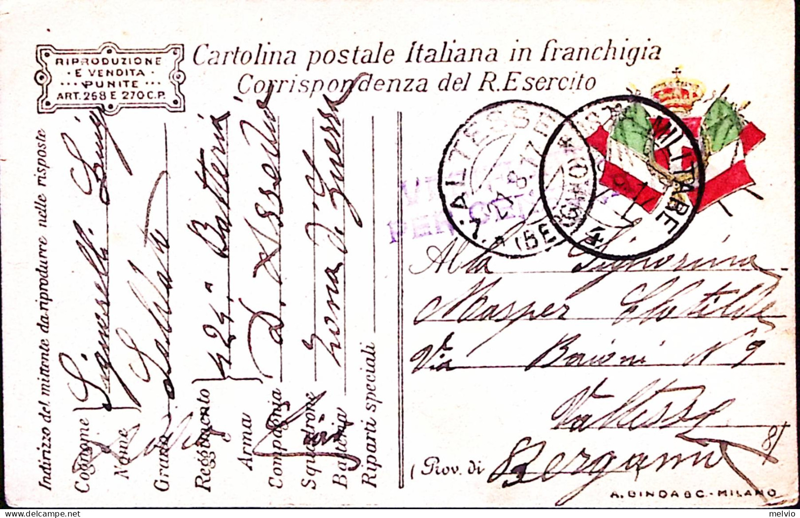 1917-Posta Militare/4 C.2 ( 18.8) Su Cartolina Franchigia - Guerra 1914-18