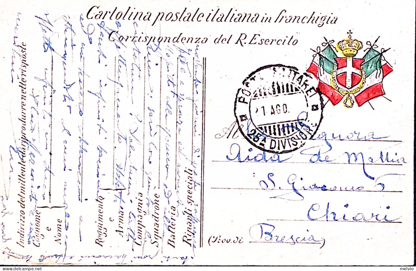 1915-Posta Militare/25^ DIVISIONE C.2 (21.Ago) Su Cartolina Frnchigia - Weltkrieg 1914-18