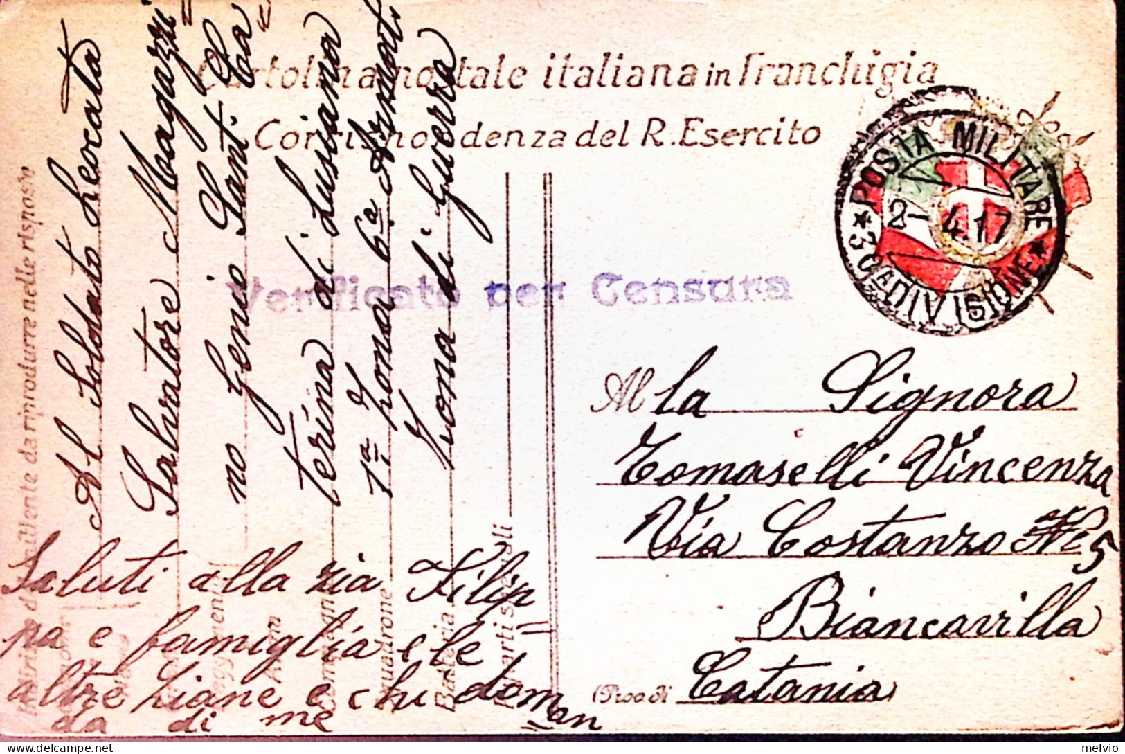 1917-Posta Militare/30 DIVISIONE C.2 (2.4) Su Cartolina Franchigia - Guerra 1914-18