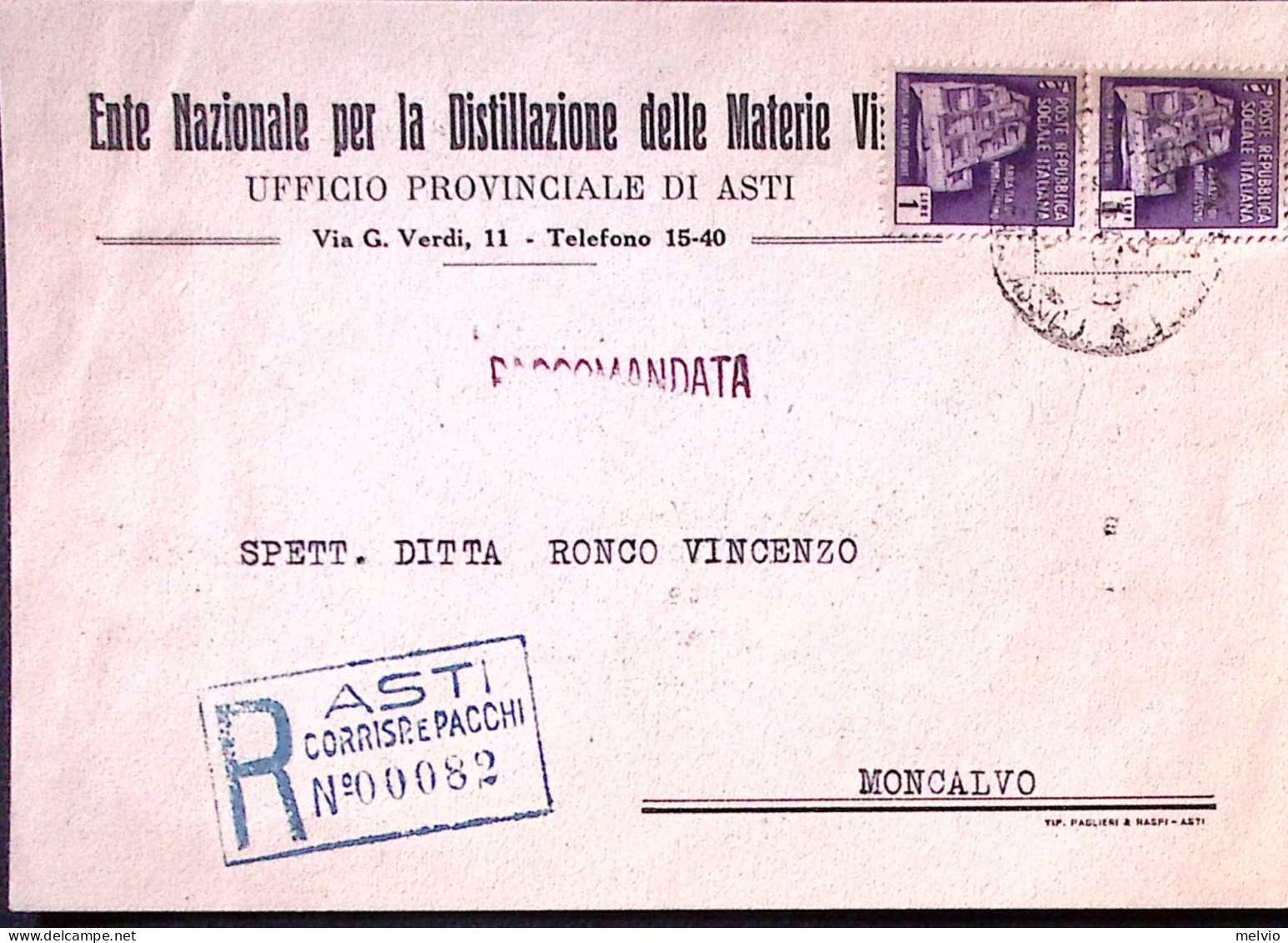 1945-Monumenti Coppia Lire 1 (509) Su Cartolina Raccomandata Asti (16.4) - Marcophilia