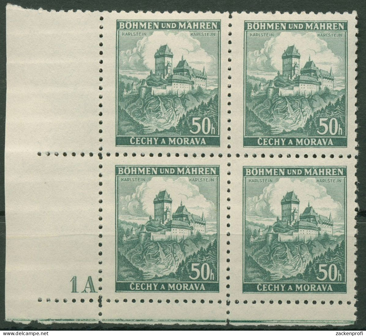 Böhmen & Mähren 1939 Eckrand-4er-Block 50er-Bogen 26 Pl.-Nr. 1A Postfrisch - Unused Stamps