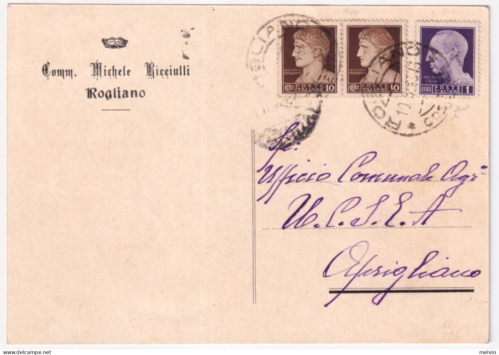1945-Imperiale Senza Fasci Lire 1 E Coppia C.10 (519/0) Su Cartolina Rogliano 10 - Marcofilie