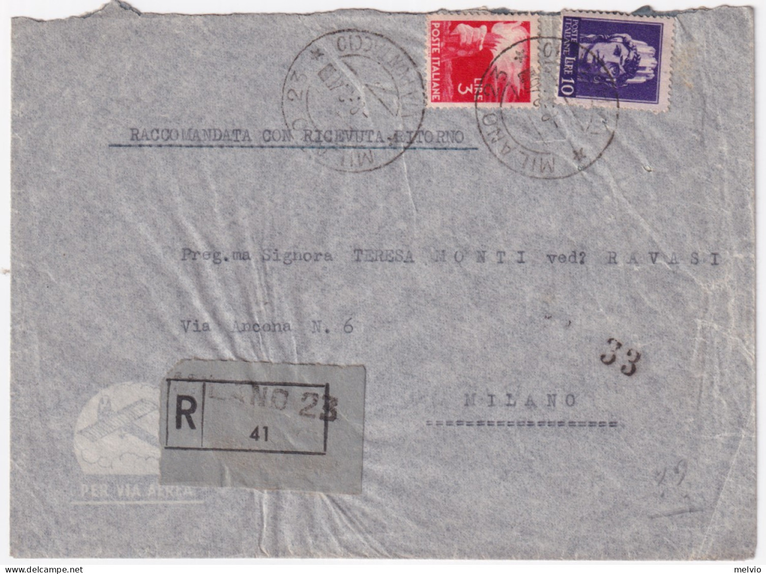 1946-Imperiale Senza Fasci Lire 10 + Democratica Lire 3 Su Raccomandata Milano ( - Poststempel