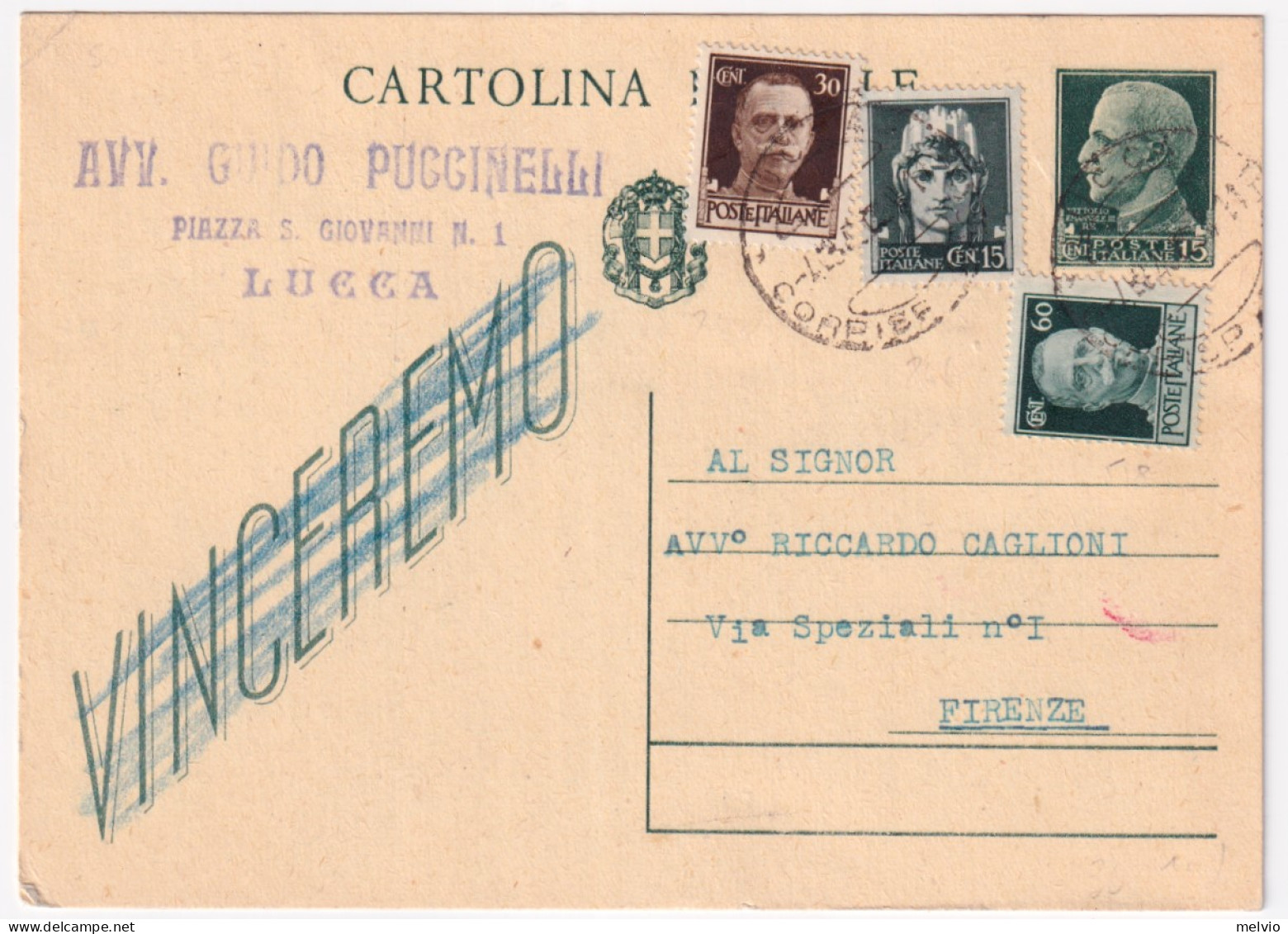 1945-Imperiale C.15 E 30 + Imperiale Senza Fasci C.60 Su Cartolina Postale Vince - Marcophilie