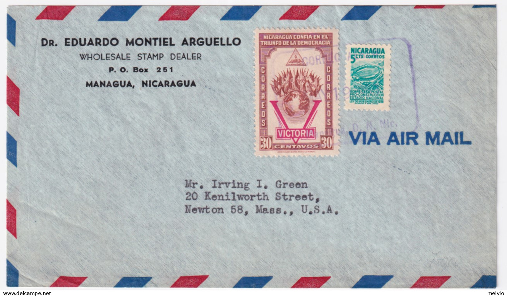 1948-Nicaragua C.30 Vittoria  + Ordinaria C.5 Su Busta Via Aerea Per Gli USA - Nicaragua