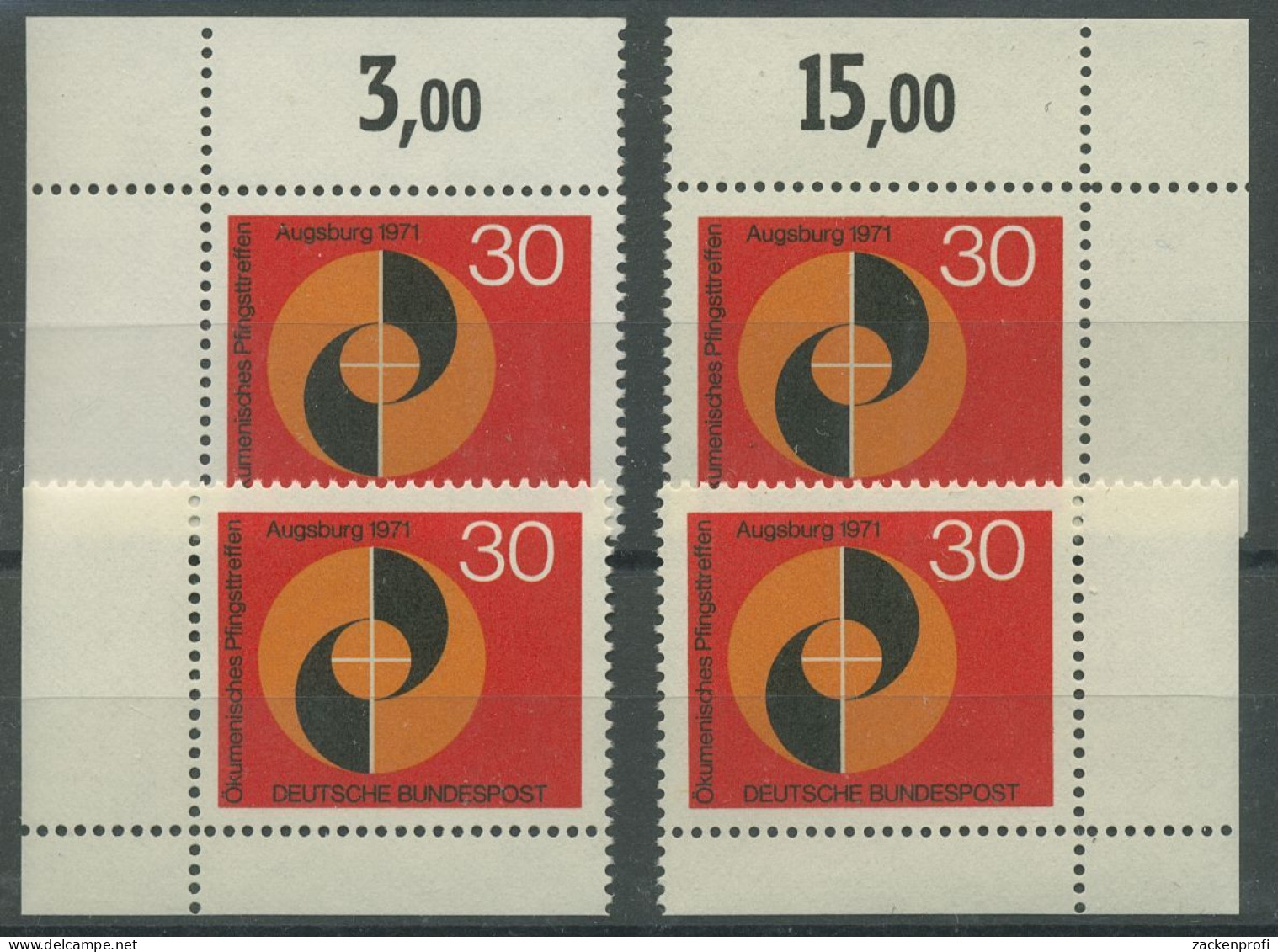 Bund 1971 Ökum. Pfingsttreffen Augsburg 679 Alle 4 Ecken Postfrisch (E925) - Ungebraucht