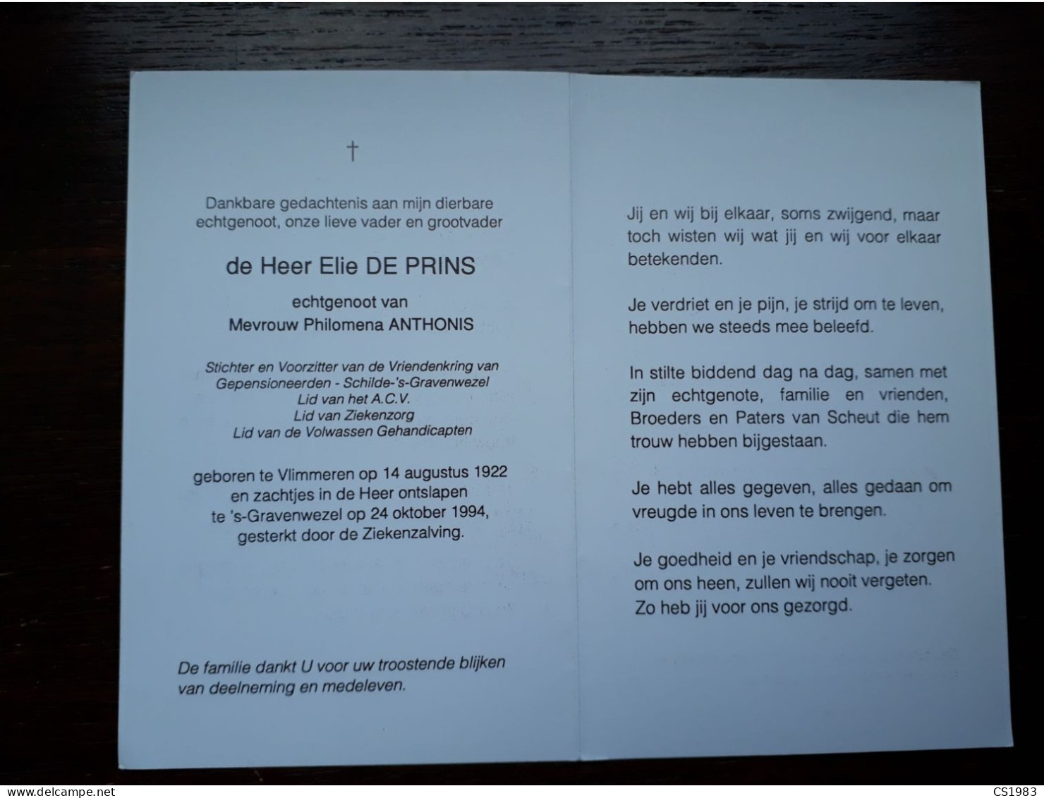 Elie De Prins ° Vlimmeren 1922 + 's-Gravenwezel 1994 X Philomena Anthonis - Obituary Notices