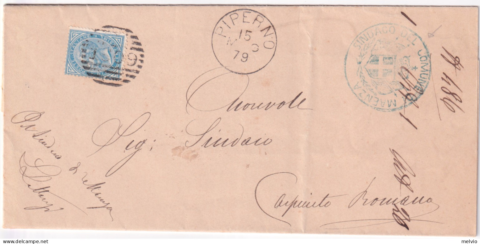 1879-MAENZA Cartella Collettoria Al Verso Di Piego Affr. C.10 Piperno (15.5) - Storia Postale