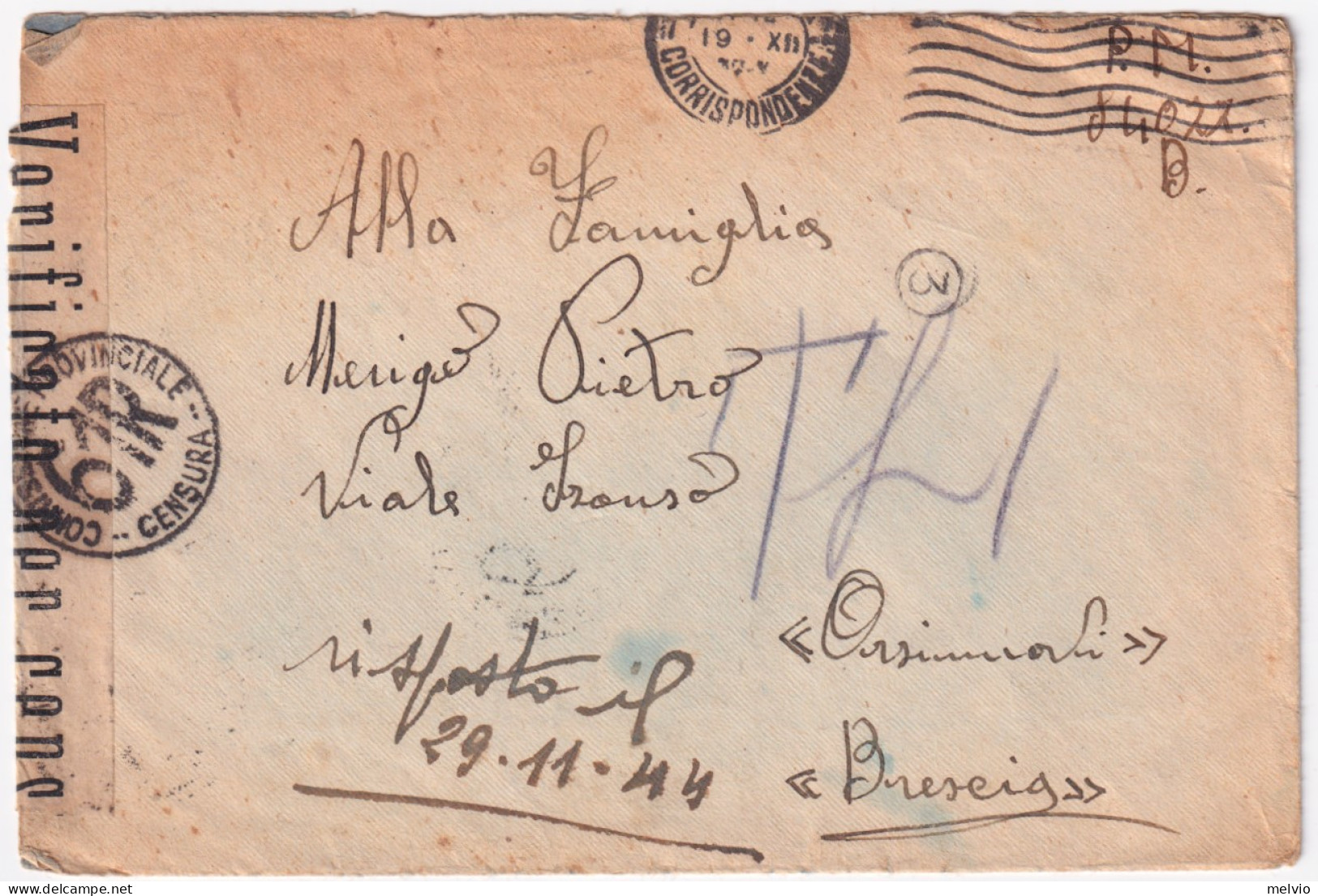 1944-FELDPOST 84077B Manoscritto Al Verso Busta Milano (19.12) Segni Tassazione  - Poststempel