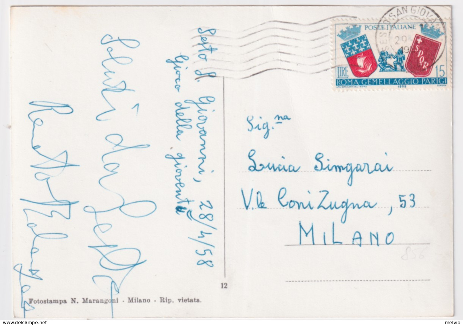 1958-GEMELLAGGIO ROMA-PARIGI Lire 15 (856) Isolato Su Cartolina (Sesto San Giova - Sesto San Giovanni