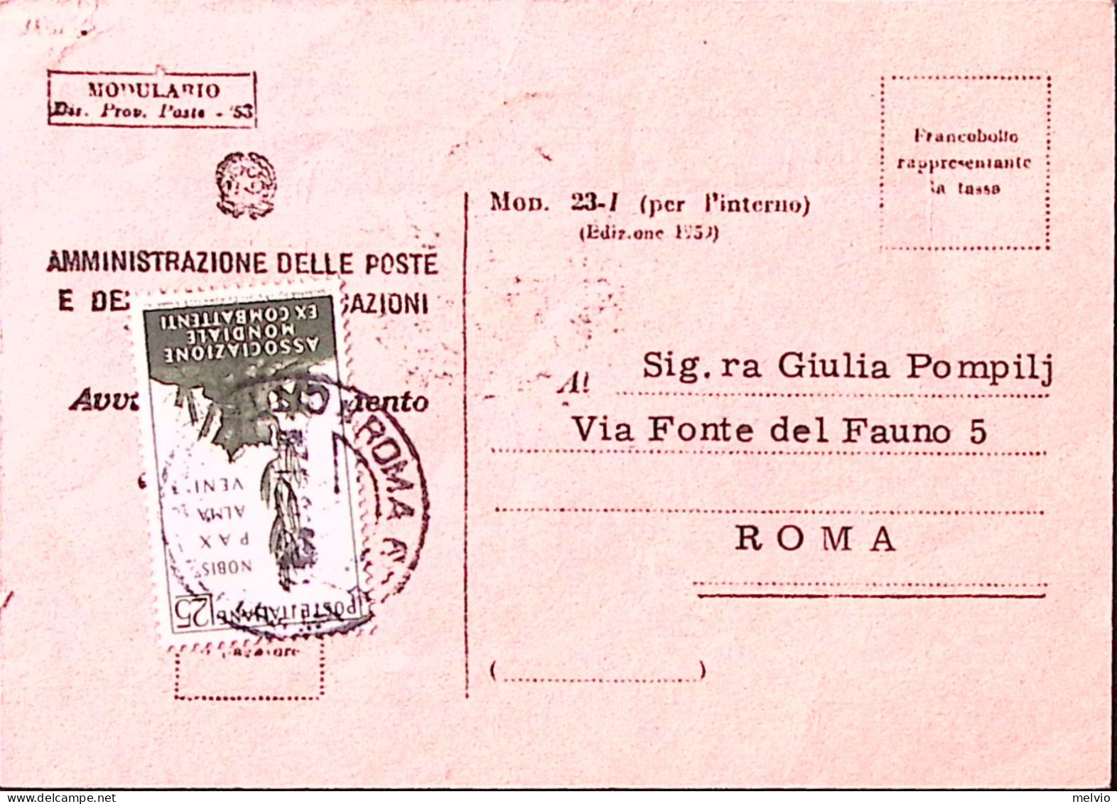 1959-EX COMBATTENTI Lire 25 (858) Isolato Su Avviso Ricevimento - 1946-60: Poststempel