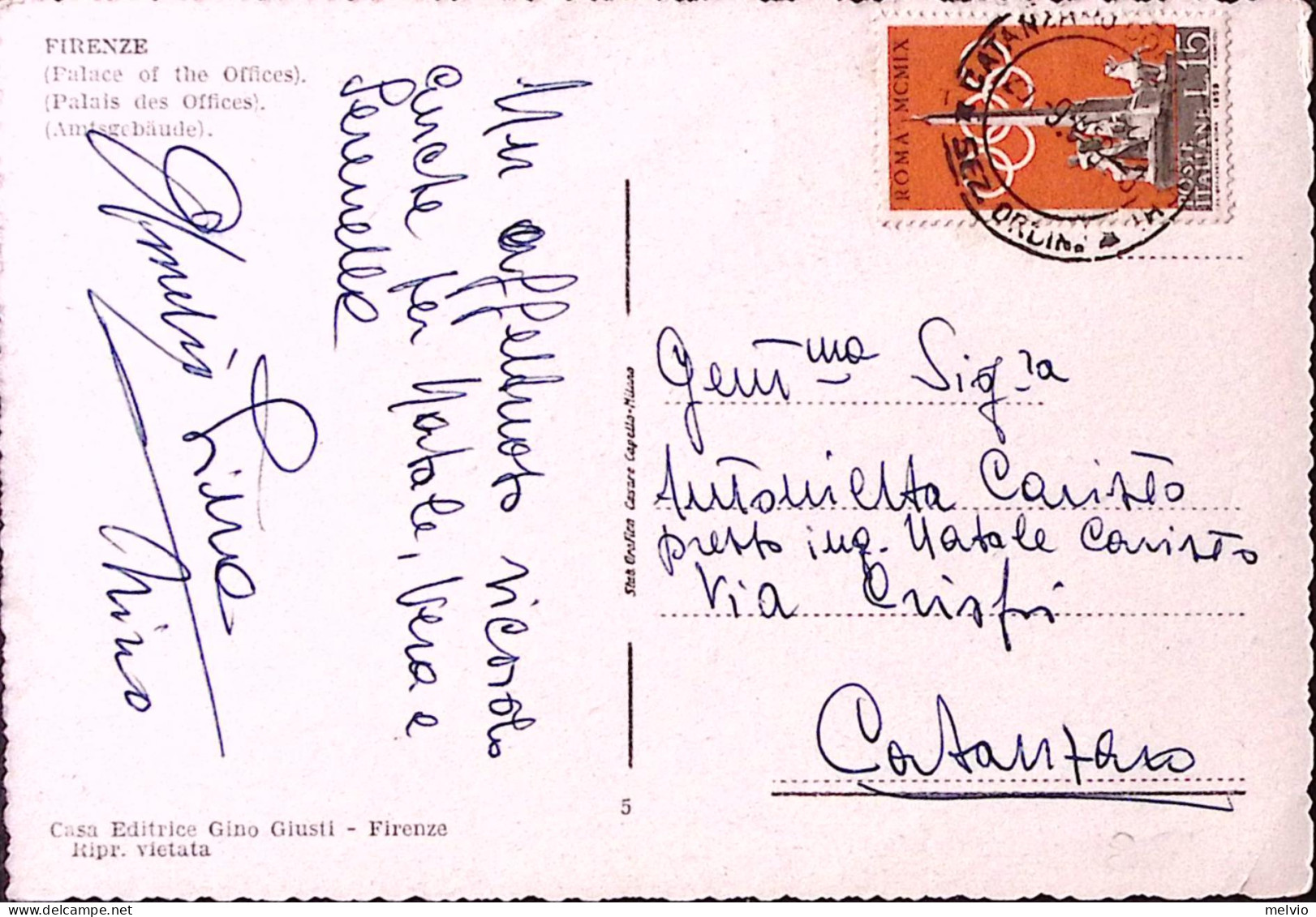 1959-PREOLIMPICA Lire 15 (861) Isolato Su Cartolina (Firenze) - Firenze (Florence)