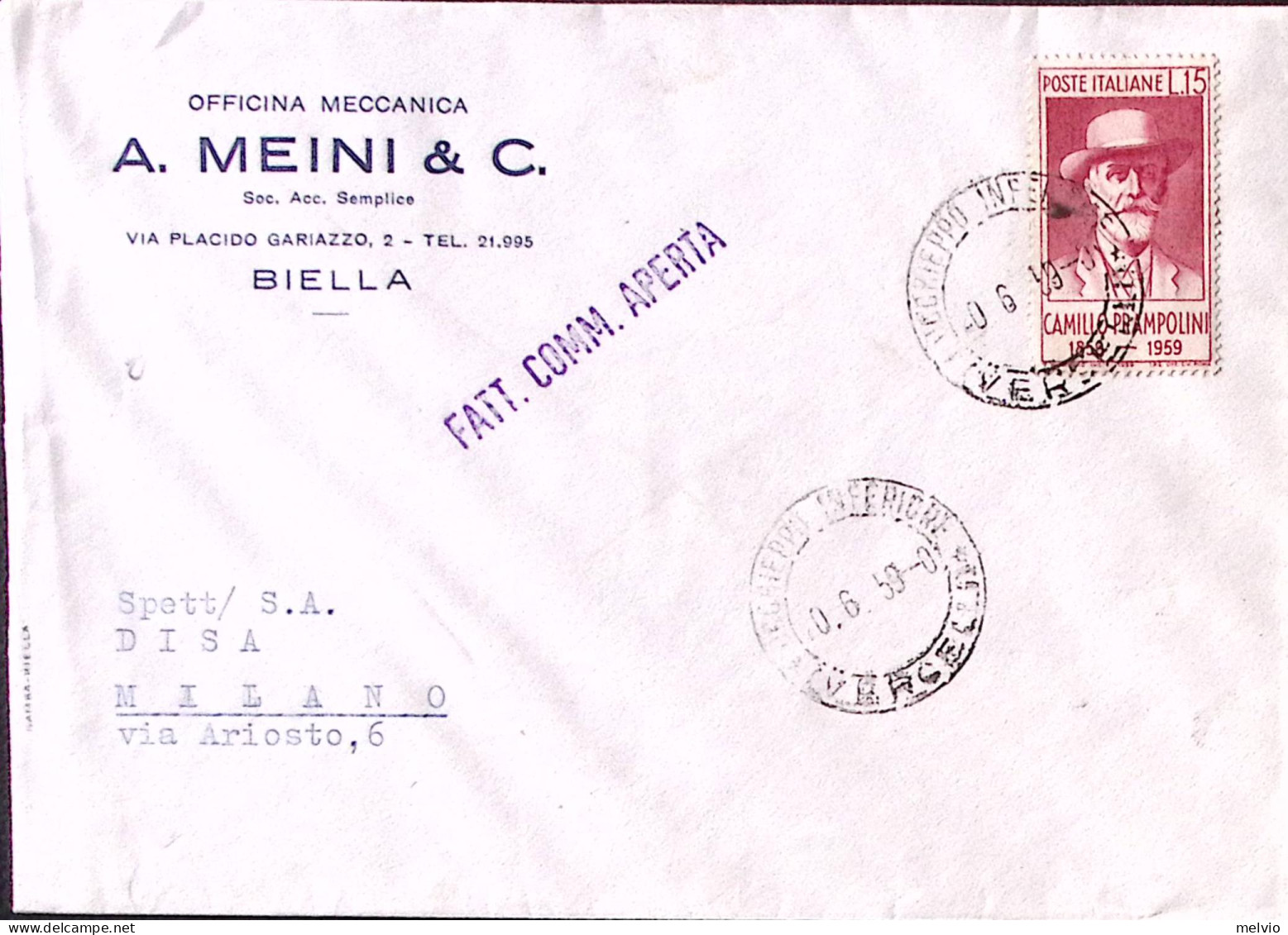 1959-PRAMPOLINI Lire 15 (860) Isolato Su Fattura Commerciale - 1946-60: Poststempel