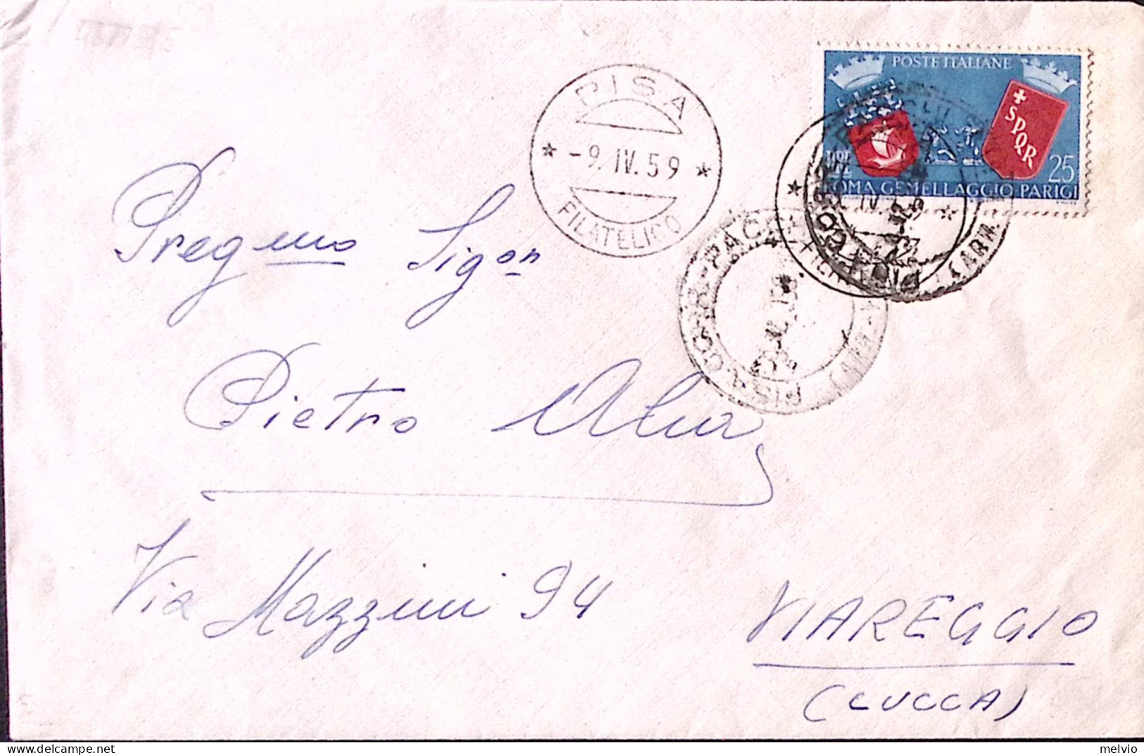 1959-GEMELLAGGIO ROMA-PARIGI Lire 25 (857) Isolato Su Busta - 1946-60: Poststempel