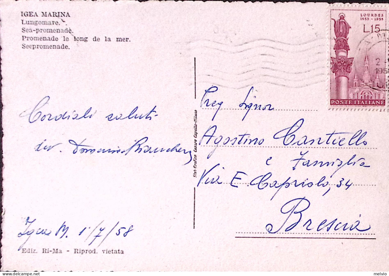 1958-LOURDES Lire 15 (827) Isolato Su Cartolina (Igea Marina) - Rimini