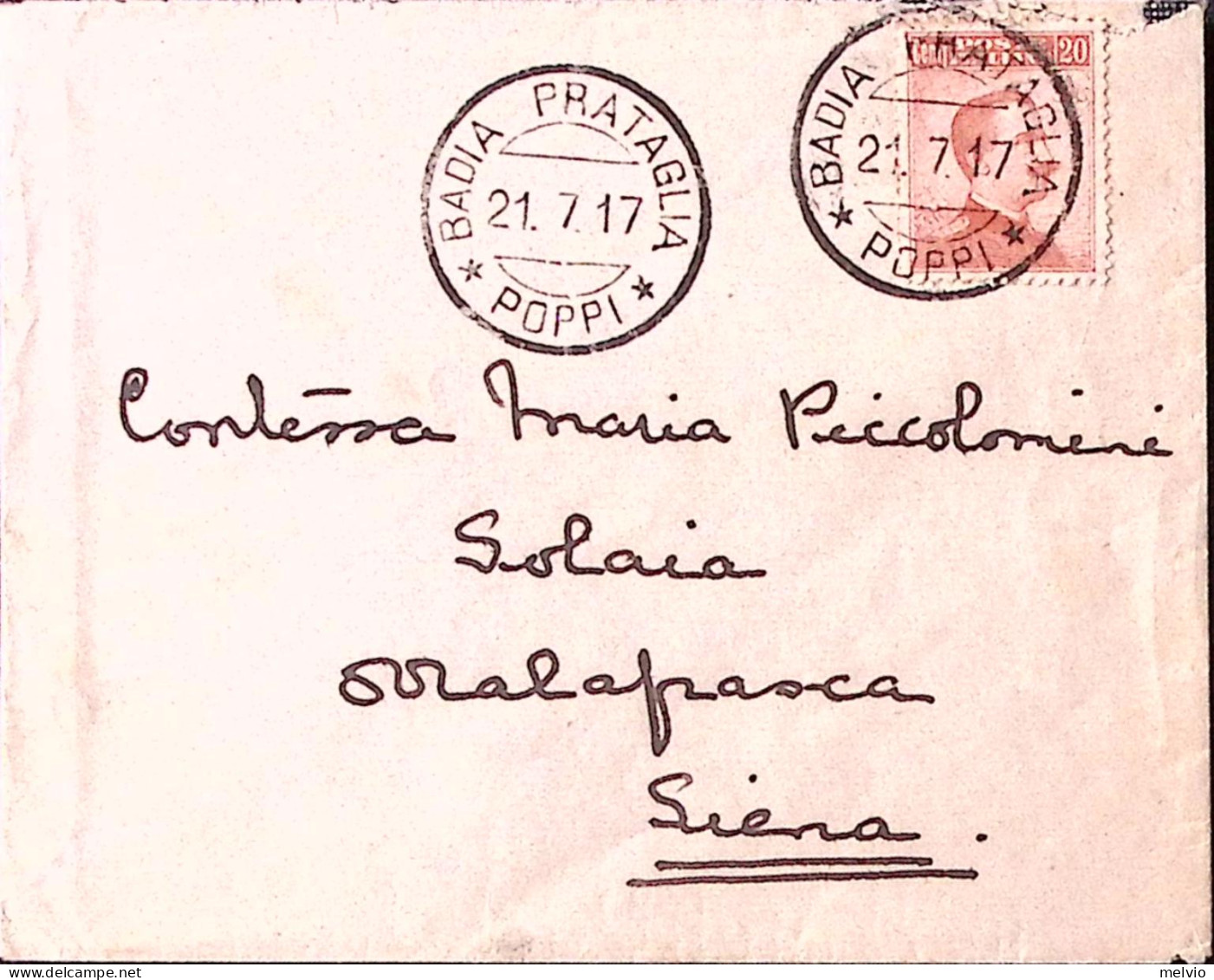 1917-Michetti Senza Filigrana C.20 (107) Isolato Su Busta Badia Prataglia Poppi. - Poststempel