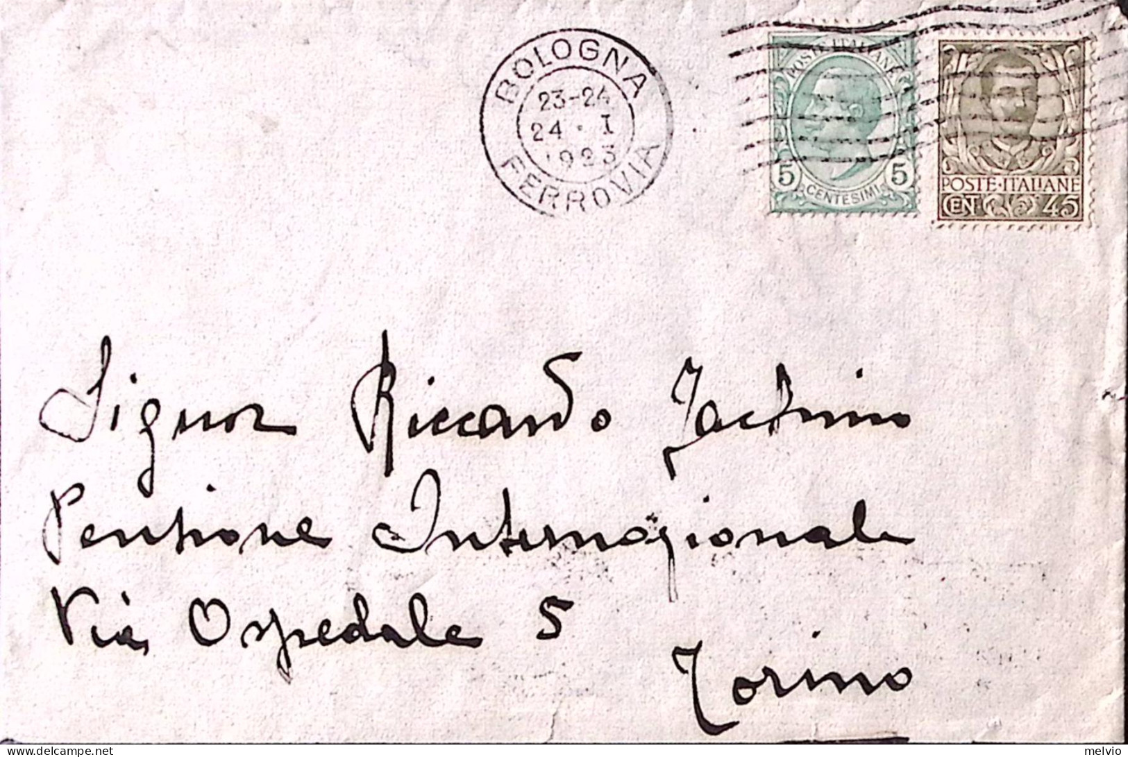 1923-LEONI C.5 + Floreale C.45 Su Busta Bologna(24.1) - Poststempel
