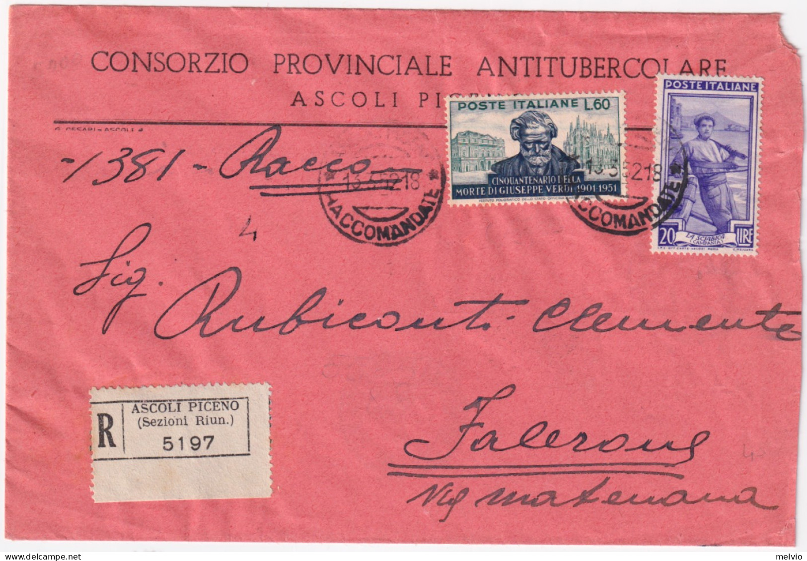 1952-VERDI Lire 60 + ITALIA LAVORO Lire 20 (642+679) Su Raccomandata Ascoli (13. - 1946-60: Poststempel