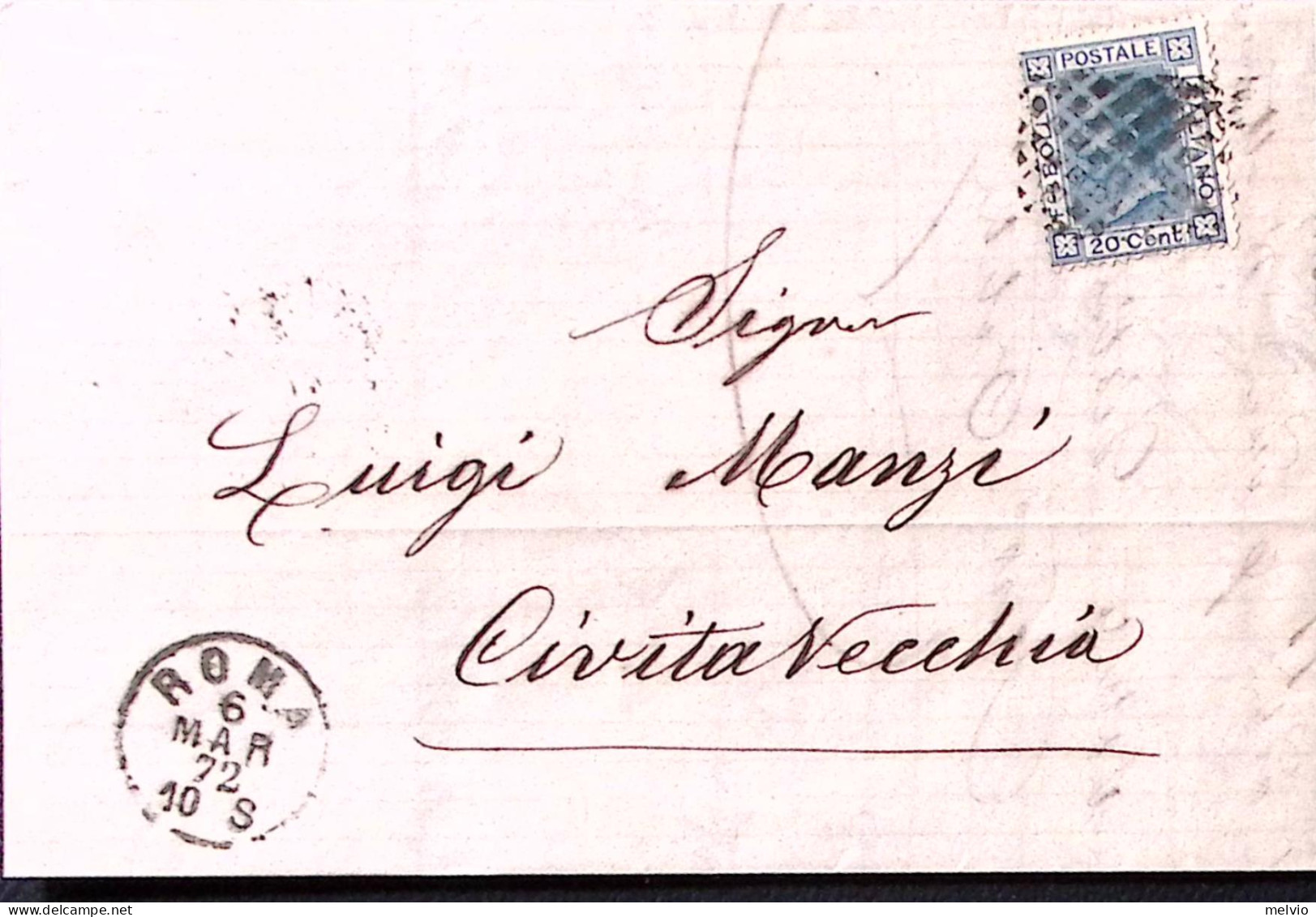 1872-effigie C.20 (26) Su Sopracoperta Roma C1+griglia (6.3.72) - Marcofilía