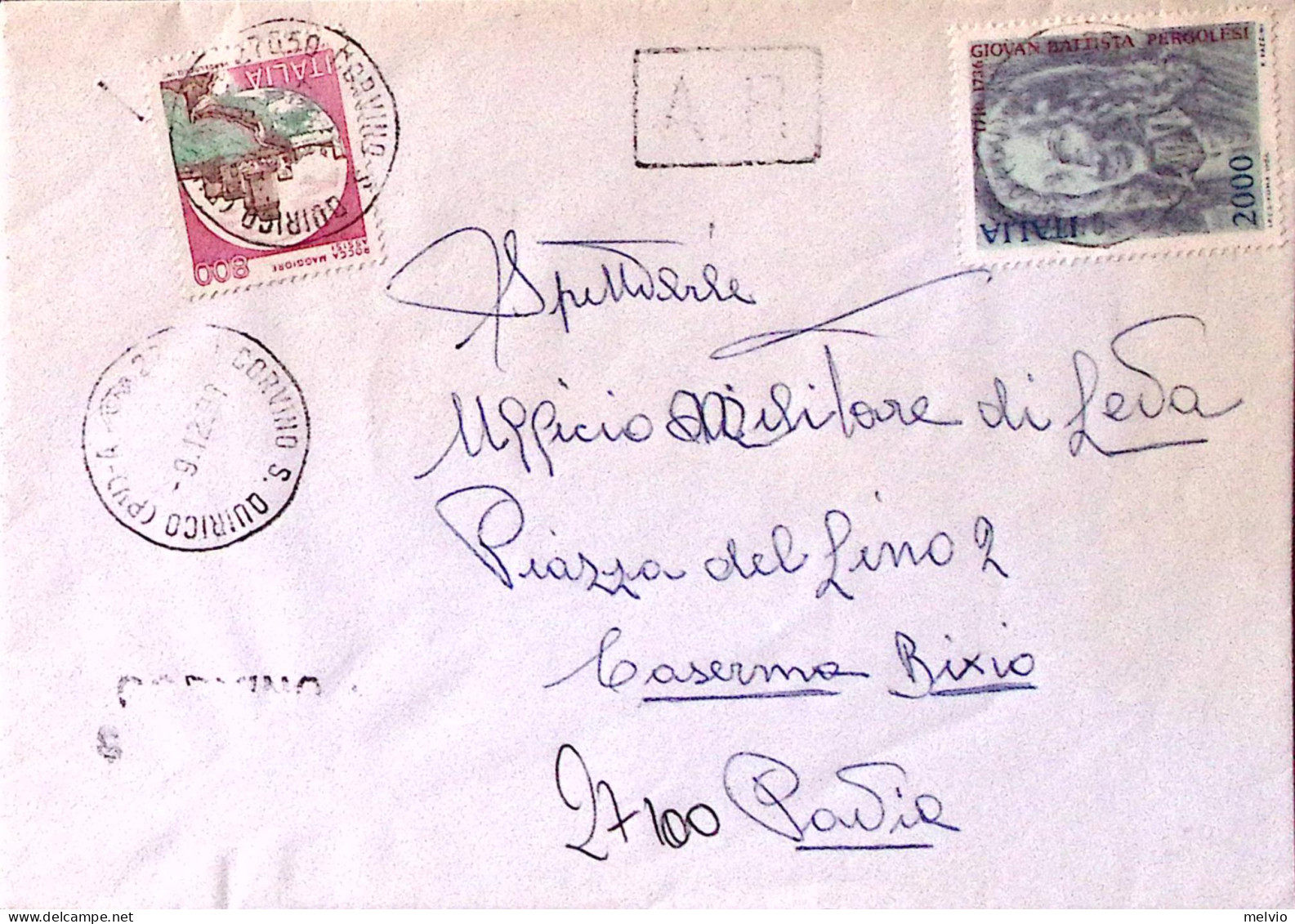 1987-PERGOLESI Lire 2000 + Castelli Lire 900 (1754+1526) Su Raccomandata Corvino - 1981-90: Storia Postale