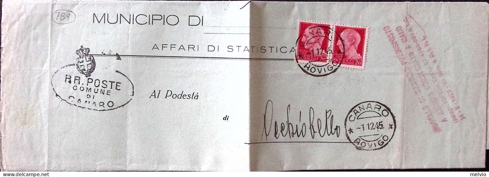 1945-Imperiale Senza Fasci Tiratura Novara Coppia C.20 (537) Su Stampe Canaro (1 - Marcophilie